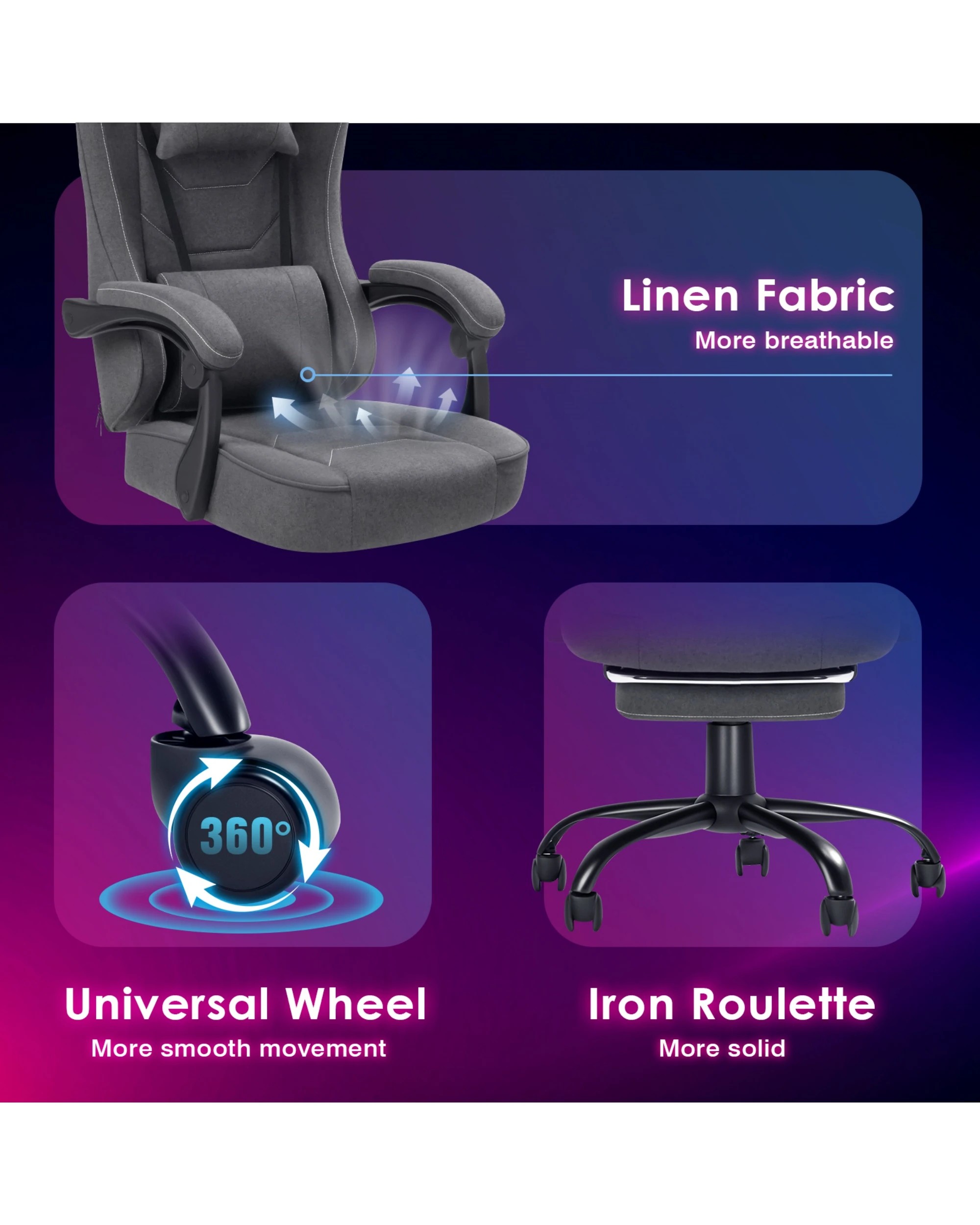 2 Advwin Gaming Chair With Footrest Linen Fabric Ergonomic - Grey, 2 of 3