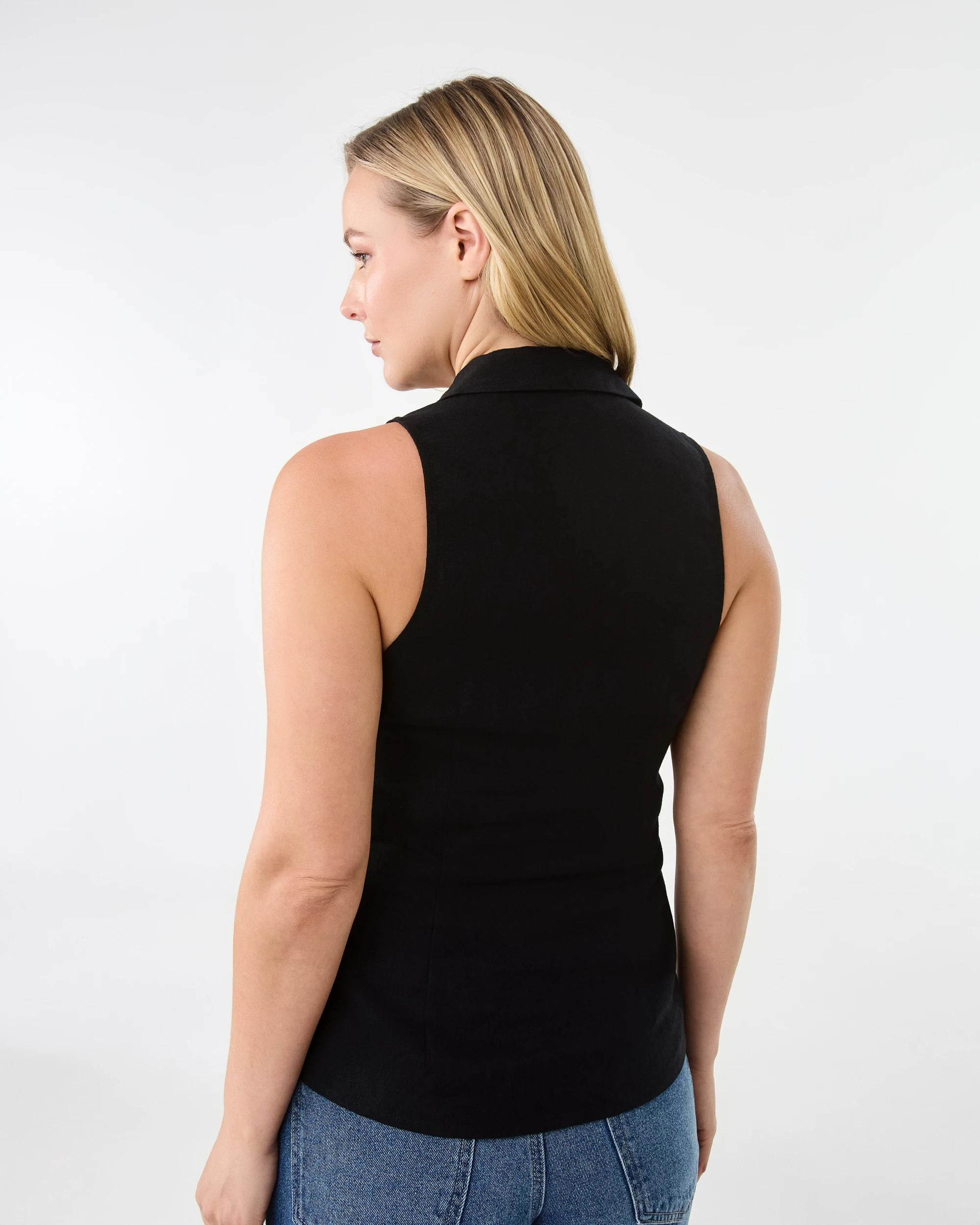 3 Sleeveless Collared Linen Blend Button Top Black, 3 of 7