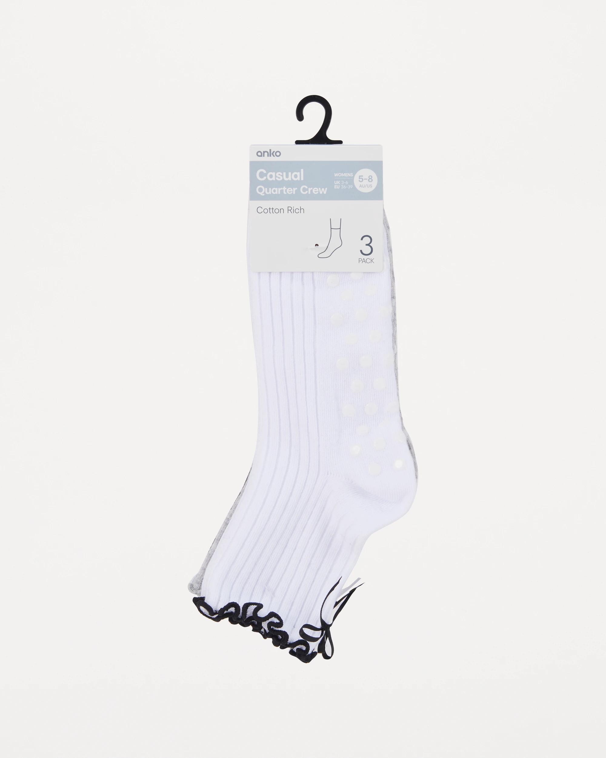 3 3 Pack Frill Quarter Crew Non-Slip Socks Monochrome, 3 of 3