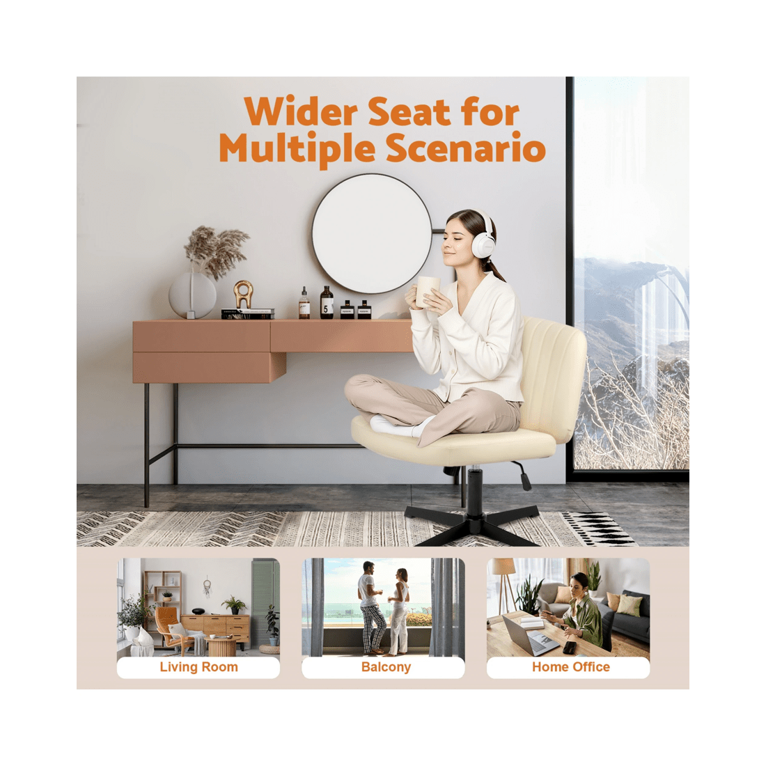 9 Advwin Armless Office Chair Criss-cross  Chair Pu Leather  Ergonomic Computer Chair No Wheel Beige, 9 of 9