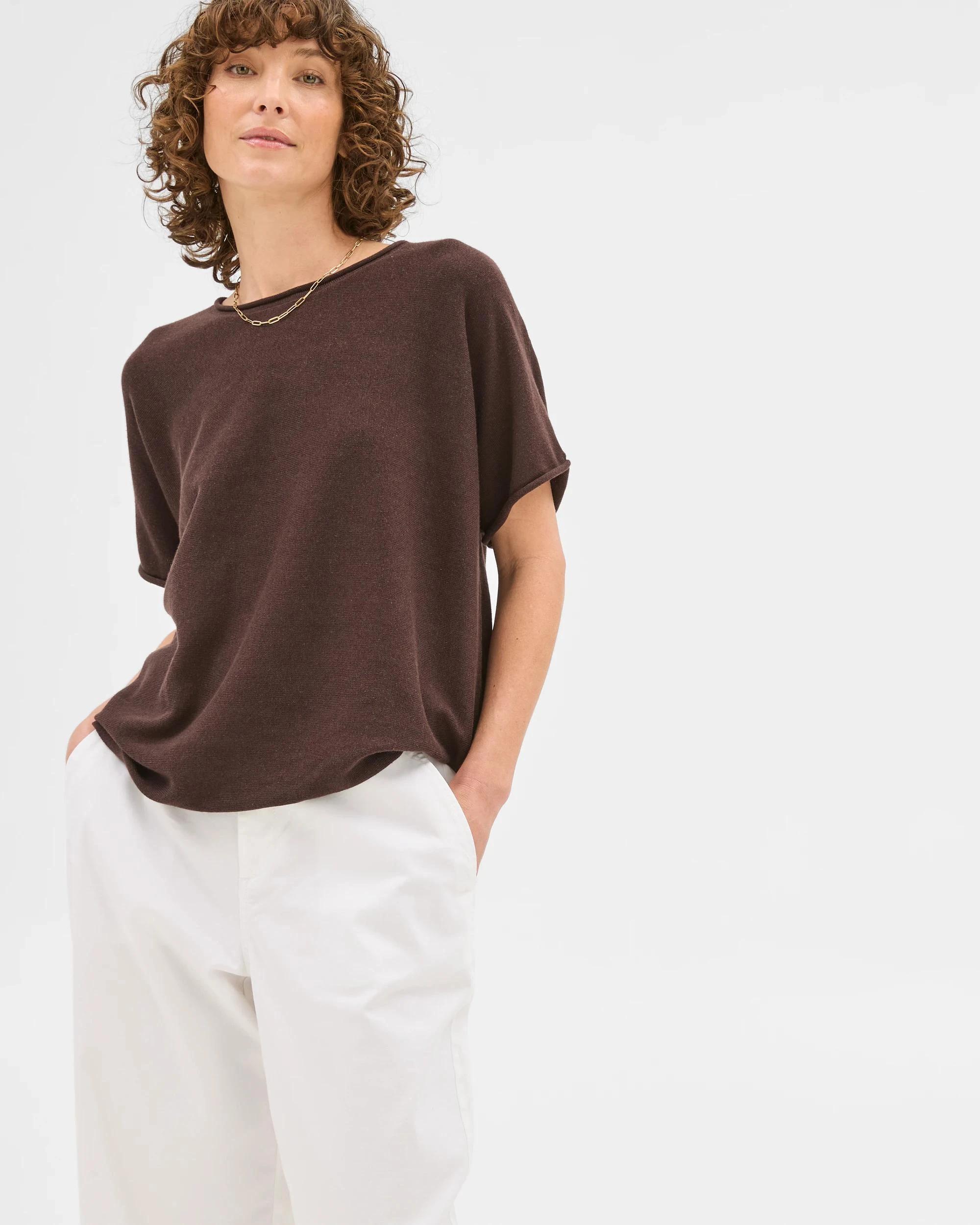 1 Target Australian Cotton Blend Rolled Knit T-Shirt BRUNETTE, 1 of 6