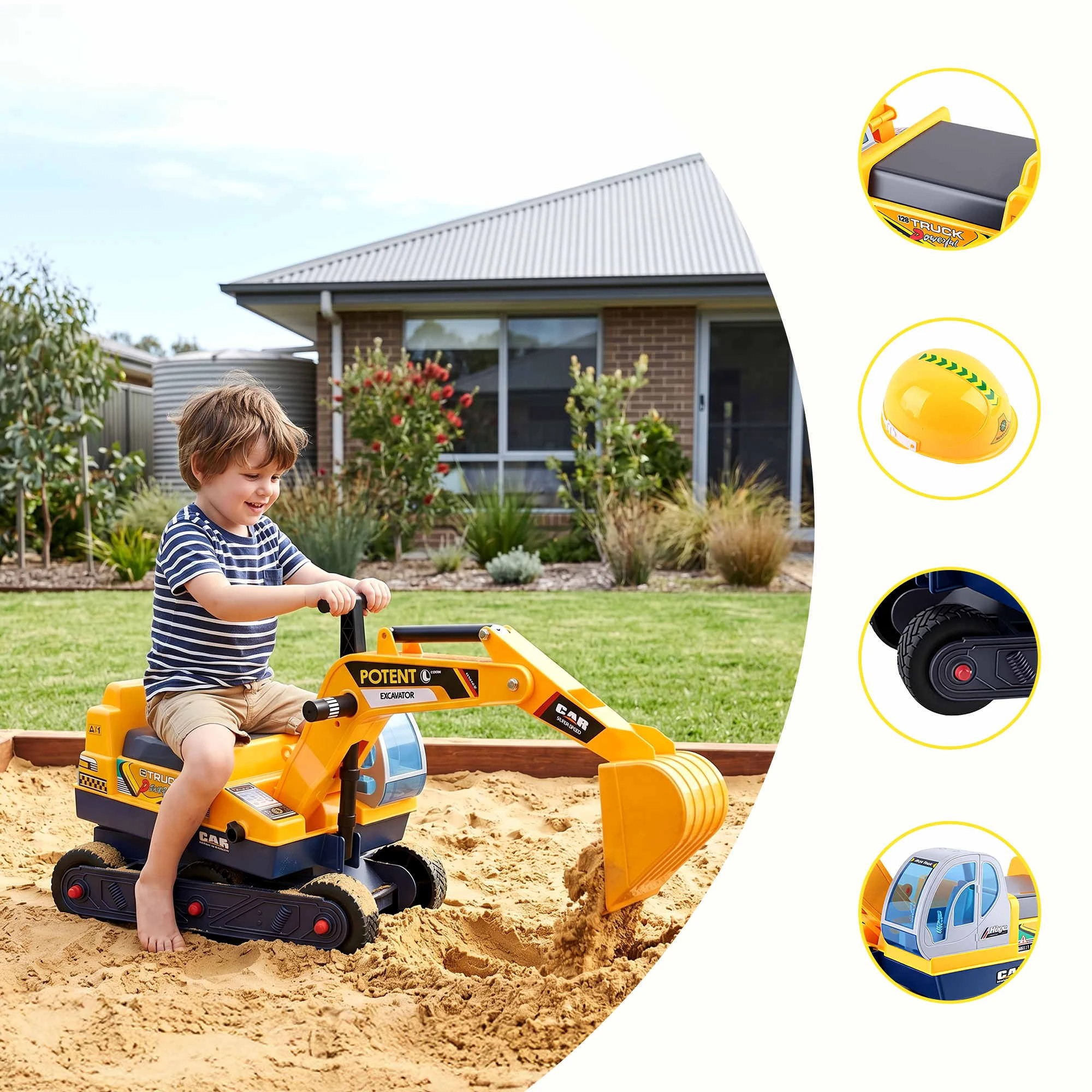 7 Keezi Kids Ride On Toy Car Bulldozer and Digger with Helmet Outdoor Sandpit Toys Yellow - Yellow, 7 of 9