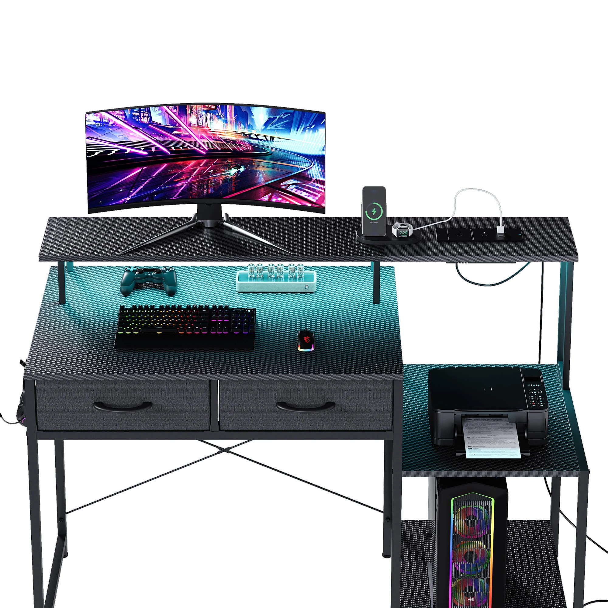6 Advwin 120cm Computer Gaming Desk With Led Lights Power Outlets Reversible Printer Storage Shelf, 6 of 10
