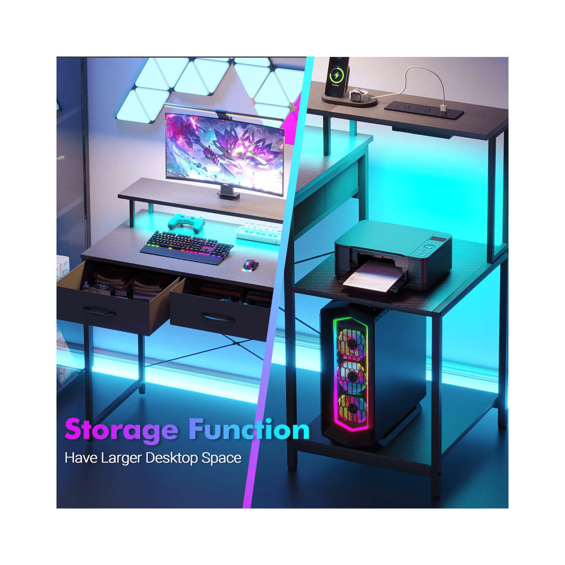 7 Advwin 120cm Computer Gaming Desk With Led Lights Power Outlets Reversible Printer Storage Shelf Black, 7 of 10