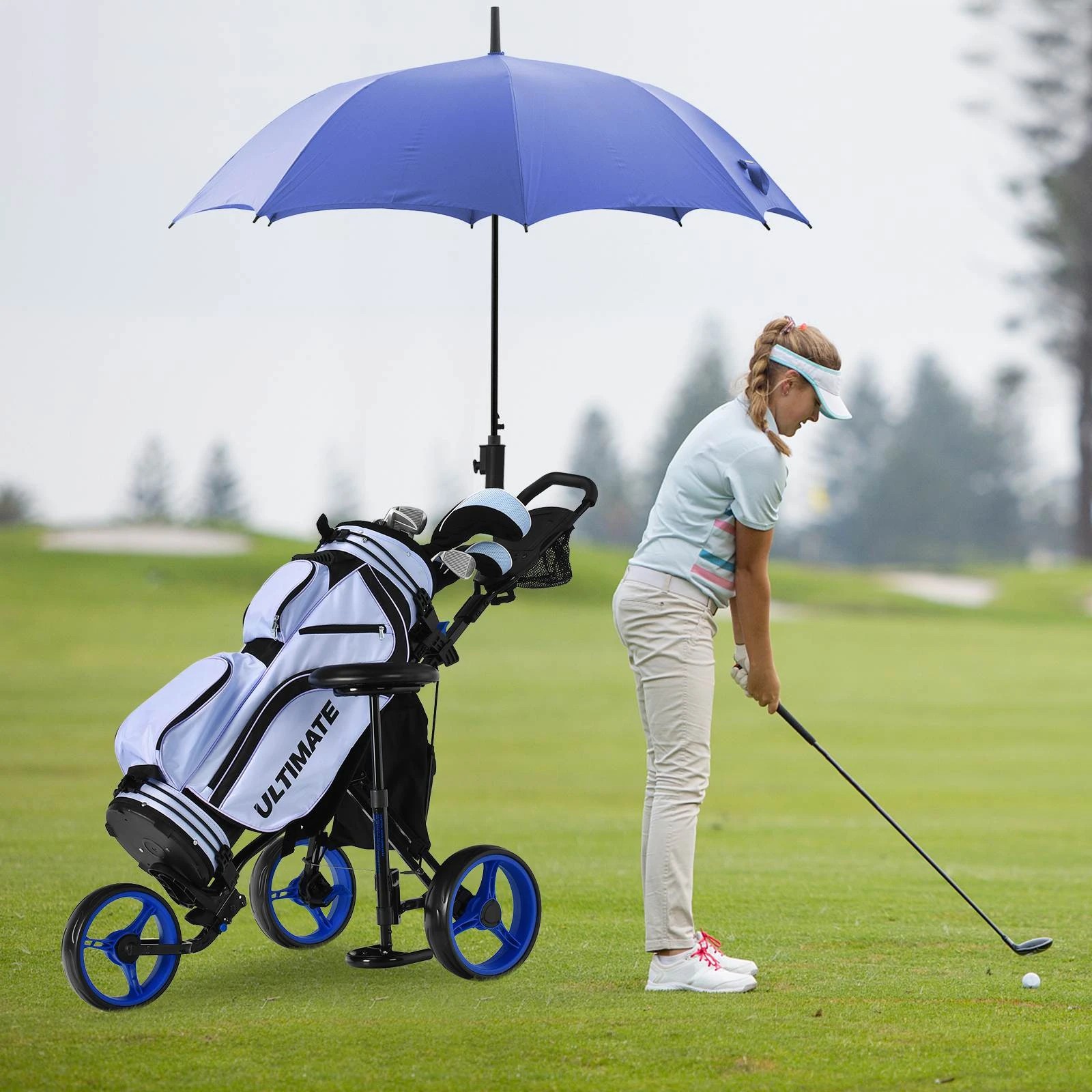 3 Costway 3 Wheels Golf Push Cart Quick Open Golf Trolley w/Padded Seat Foot Brake Storage Bag - Blue, 3 of 4