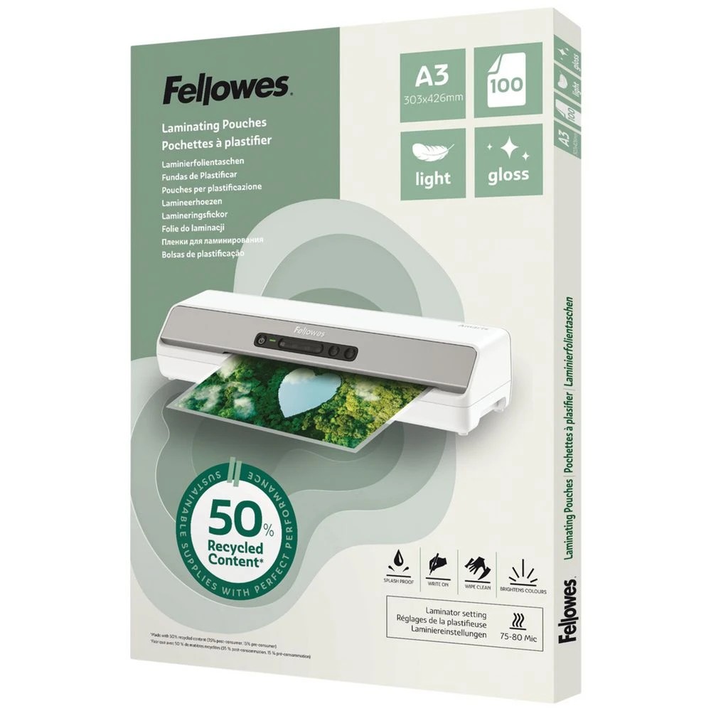 1 Fellowes Sustainable Laminating Pounch A3 Gloss 100 Pack, 1 of 2