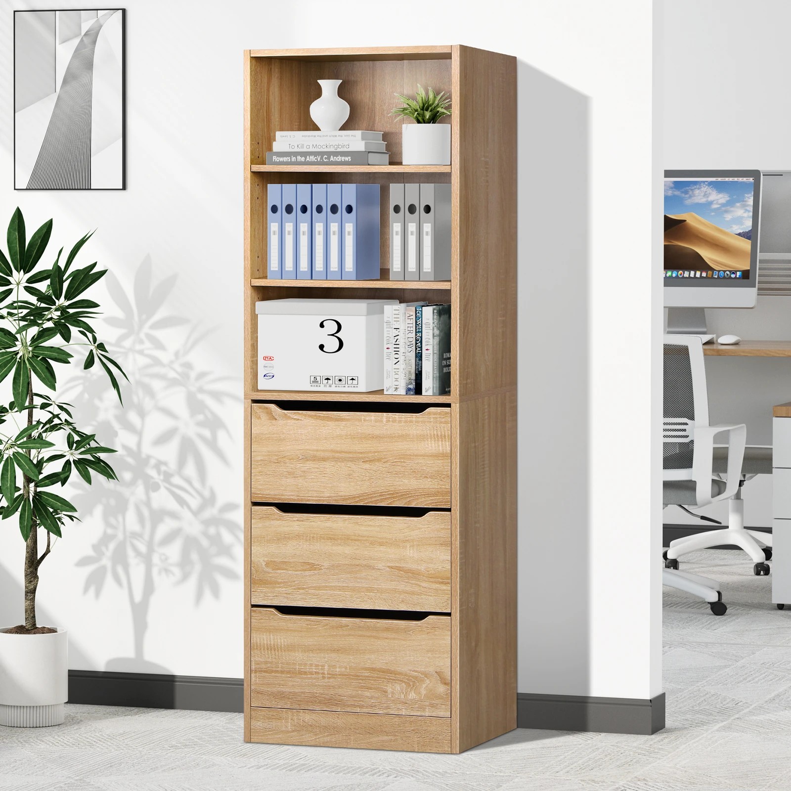 9 Alfordson Chest of 3 Drawers Office Storage Cabinet Tallboy Bedroom - Oak, 9 of 10
