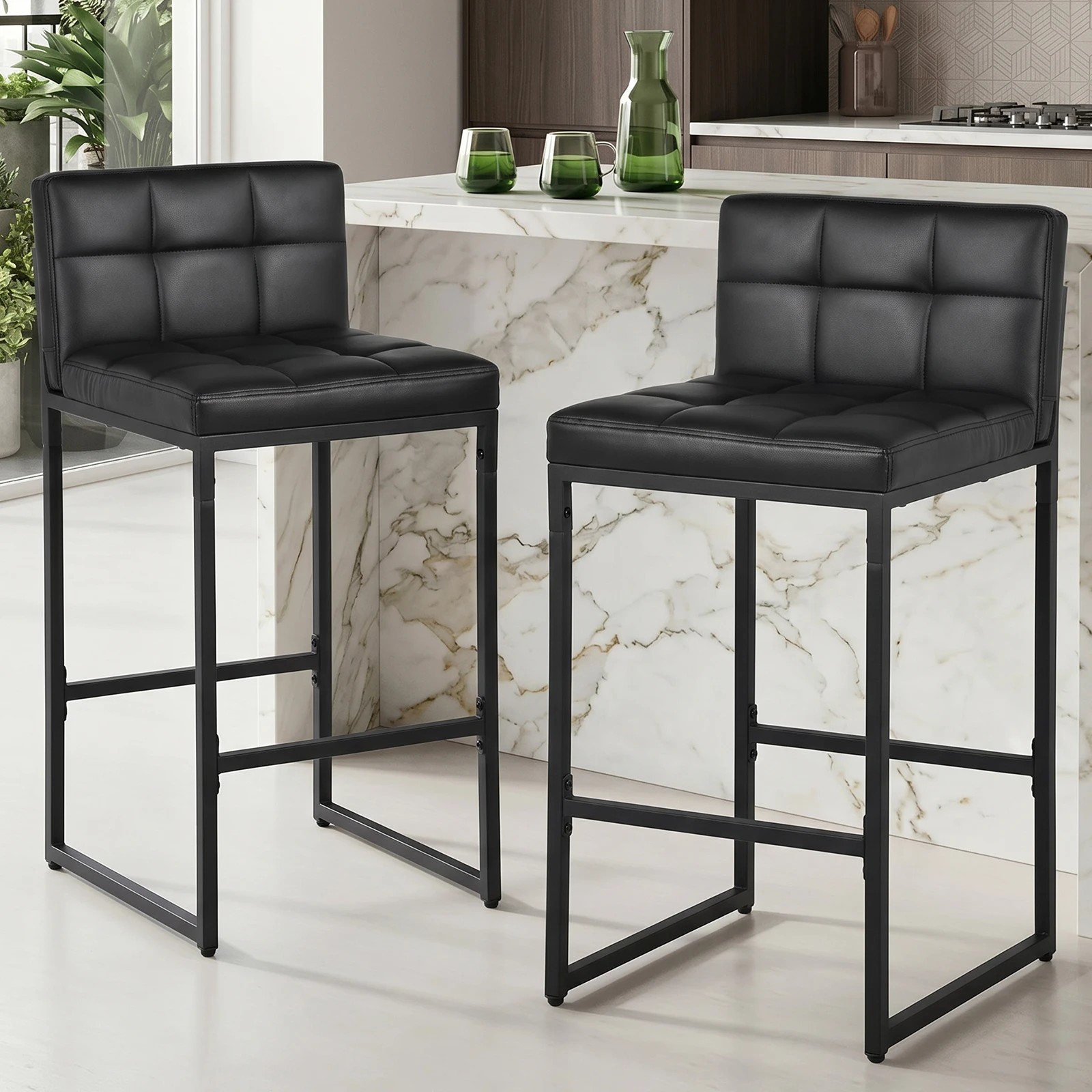 3 Advwin Set of 2 Bar stools PU Leather Counter Stools with Low Backrest & Footrests Counter Stools - Black, 3 of 6