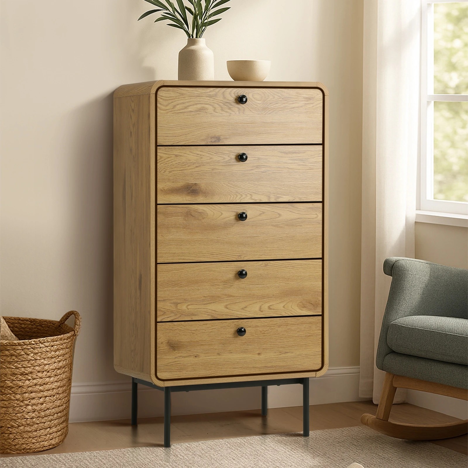 3 Oikiture 5 Chest Of Drawers Tallboy Storage Cabinet Dresser
 - Natural, 3 of 10