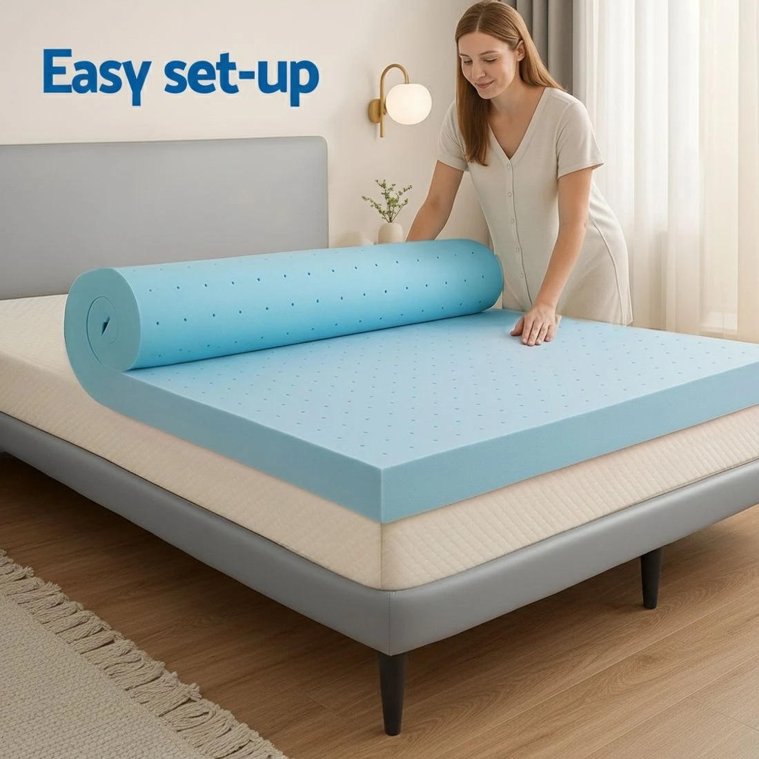 9 Giselle 12cm Memory Foam Mattress Topper Ventilated Cool Gel Bamboo Cover Double - Double Bed - Blue, 9 of 10