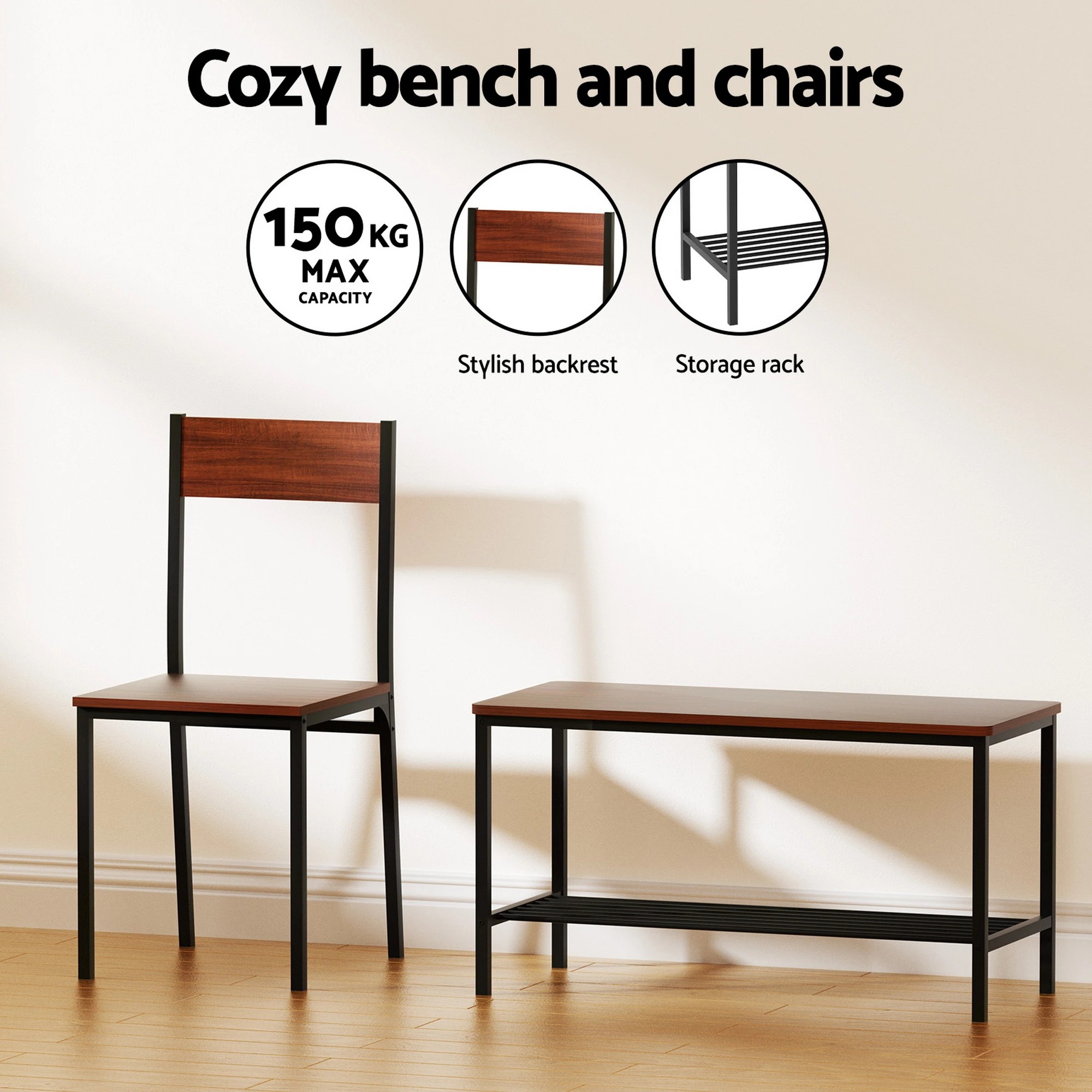 5 Artiss Dining Table and Chairs Set of 4 Storage Bench Kitchen Furniture - Brown, 5 of 6