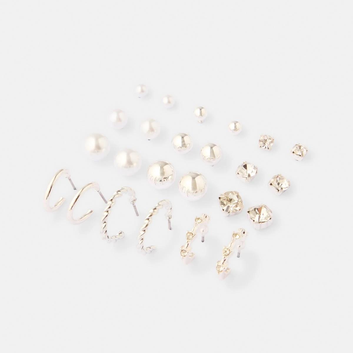 2 12 Pack Diamante Faux Pearl Hoop and Stud Earrings - Silver Tone Silver, 2 of 5