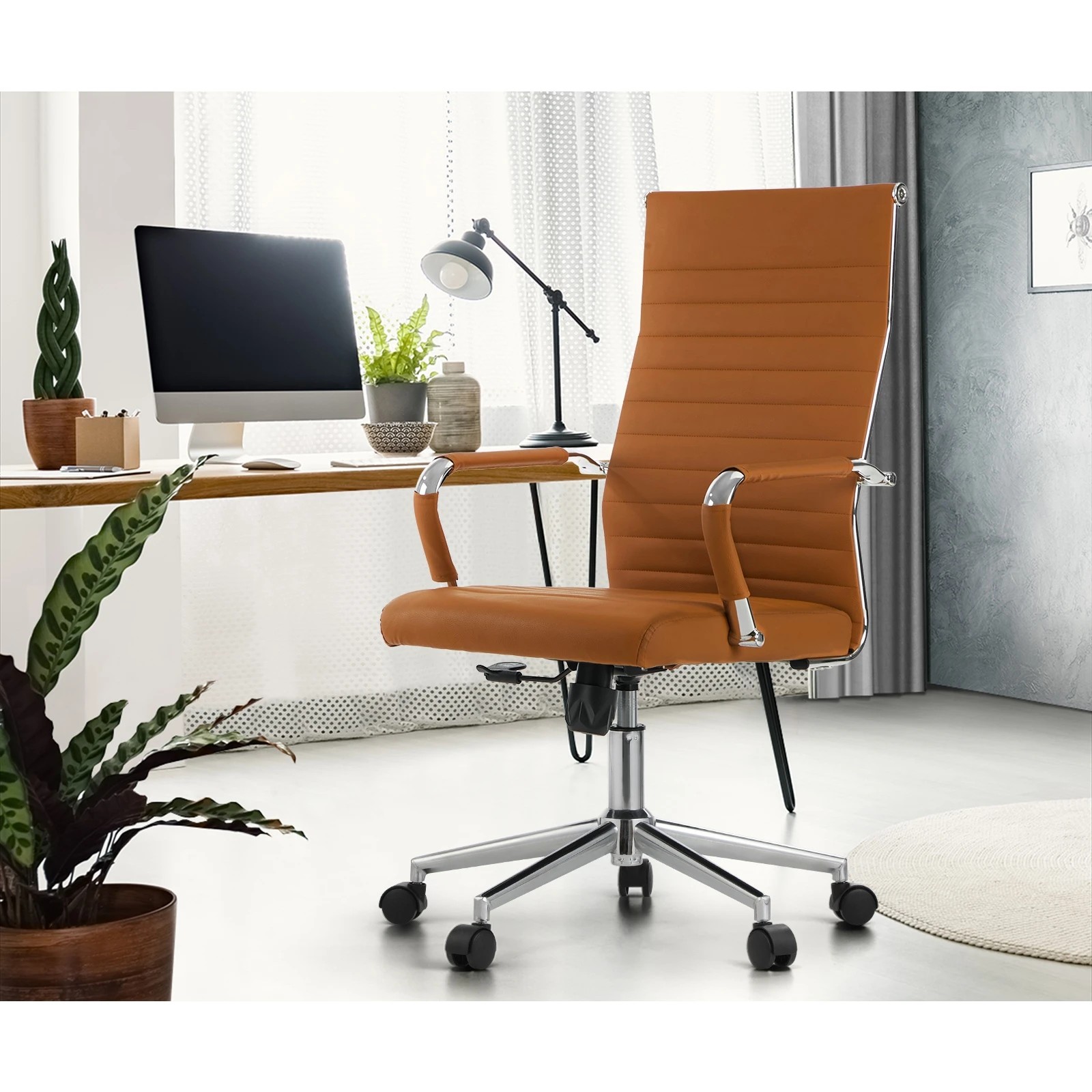 4 Oikiture Office Chair Swivel Desk Chair Faux Leather - Brown, 4 of 6