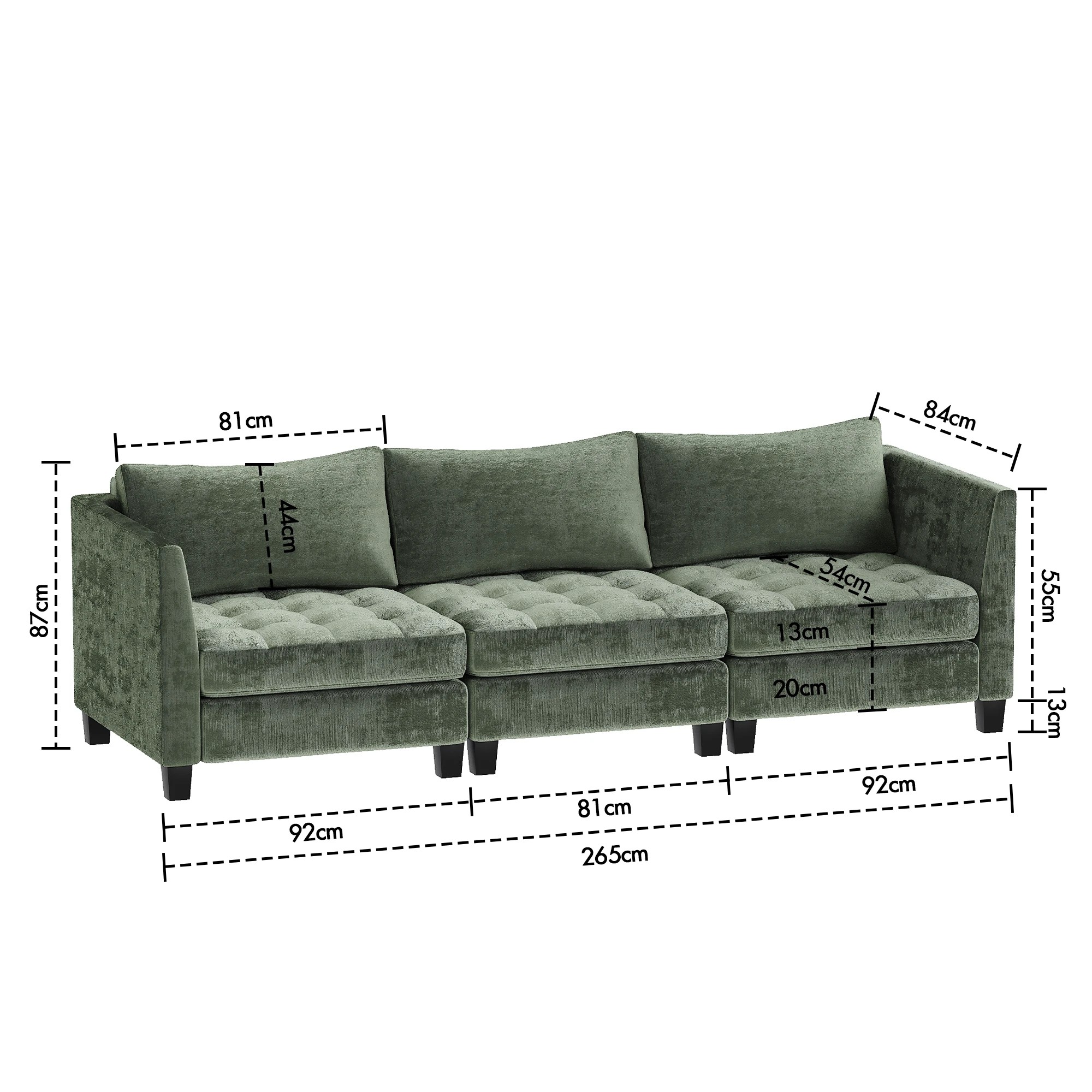 6 Advwin 3 Seater Sofa 265cm Chenille Fabric Modern Sectional Couch with Removable Backrest Green, 6 of 6