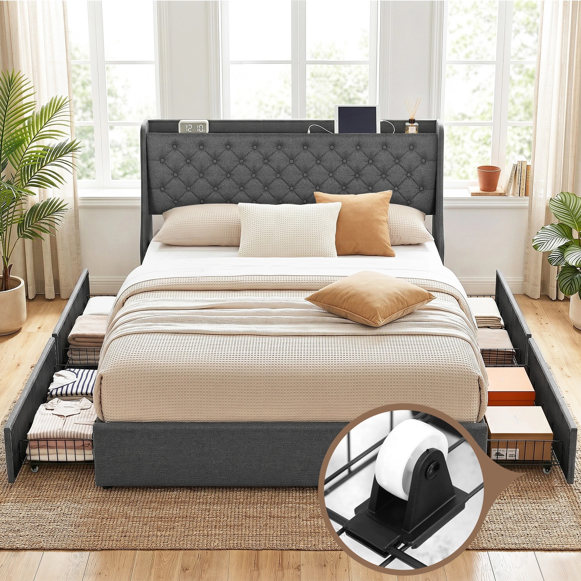 4 Artiss King Bed Frame with 4 Storage Drawers Charging Station Tufted Wingback Headboard 300kg Loads - Charcoal, 4 of 10