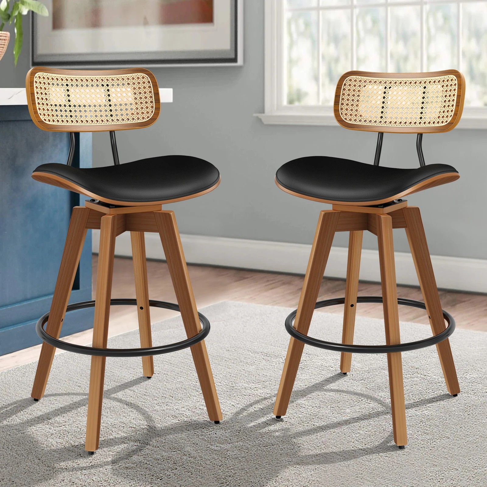 8 Alfordson 2x Bar Stools Kitchen Vintage Leather Seat Rattan Chair - Black, 8 of 9