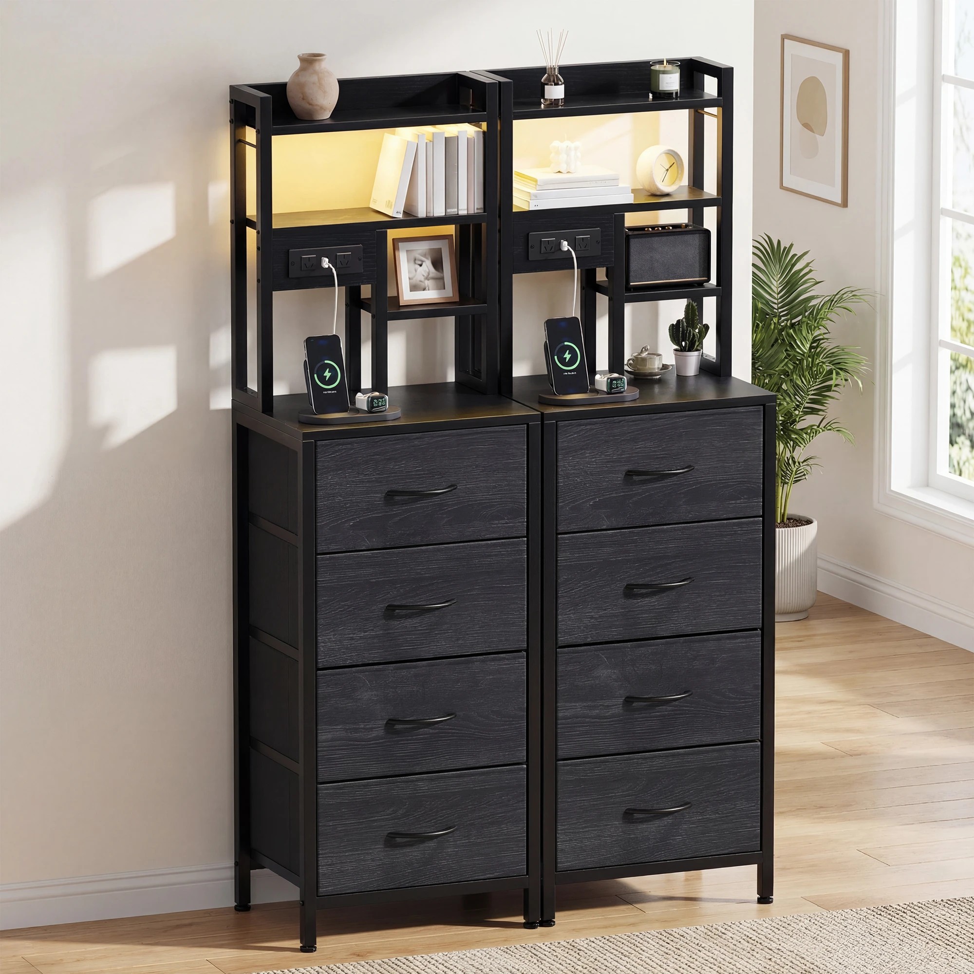 6 Advwin Set of 2 LED Tall Bedside Table with Charging Station 4 Drawers Open Shelves - Black, 6 of 7