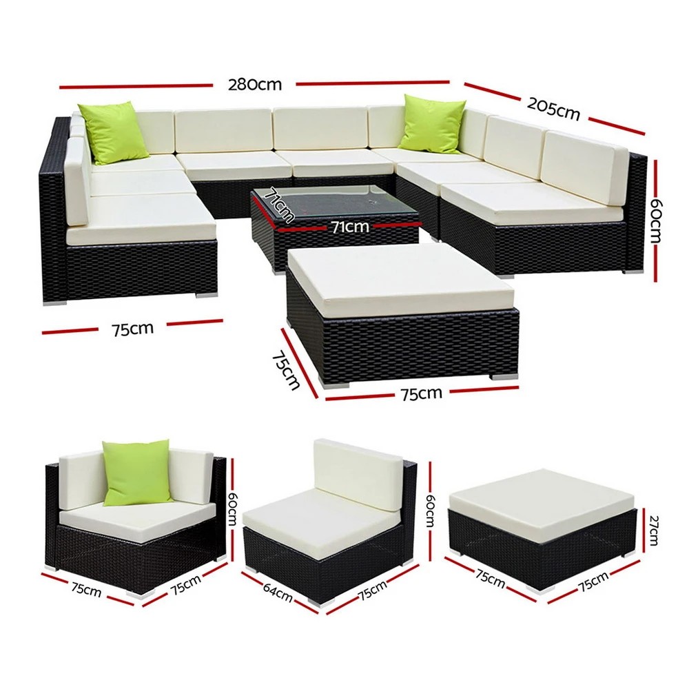 2 Gardeon 10-Piece Outdoor Sofa Set Wicker Couch Lounge Setting Cover - Black, 2 of 5
