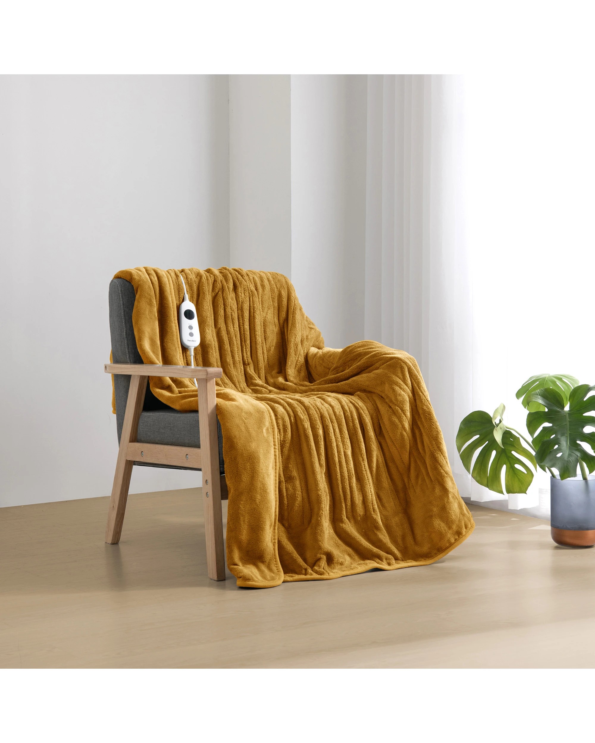 1 Dreamaker Kingston Coral Fleece Electric Heated Throw Blanket 130x160cm - Mustard, 1 of 7