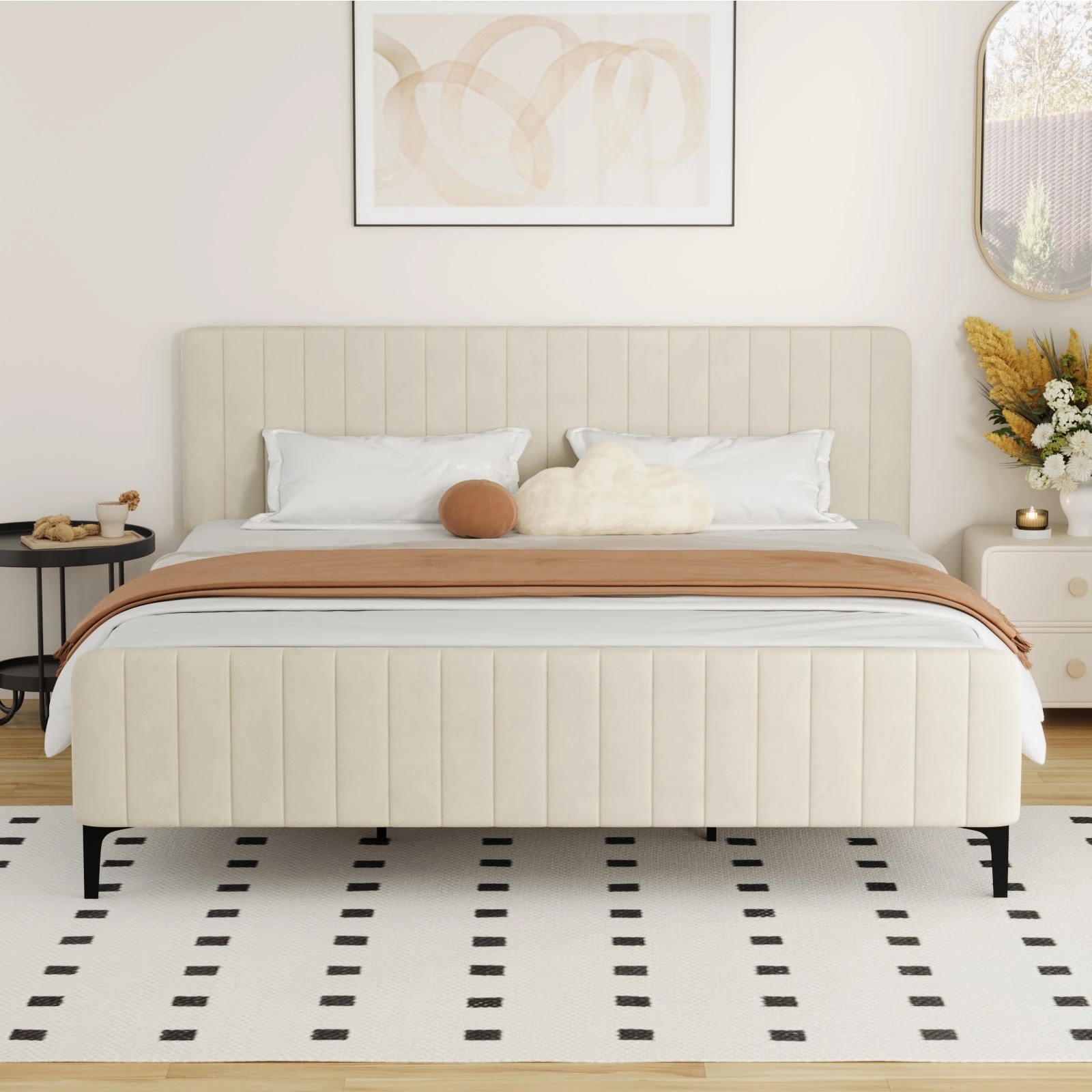 3 Oikiture King Bed Frame Beds Platform Velvet
 - Beige, 3 of 10