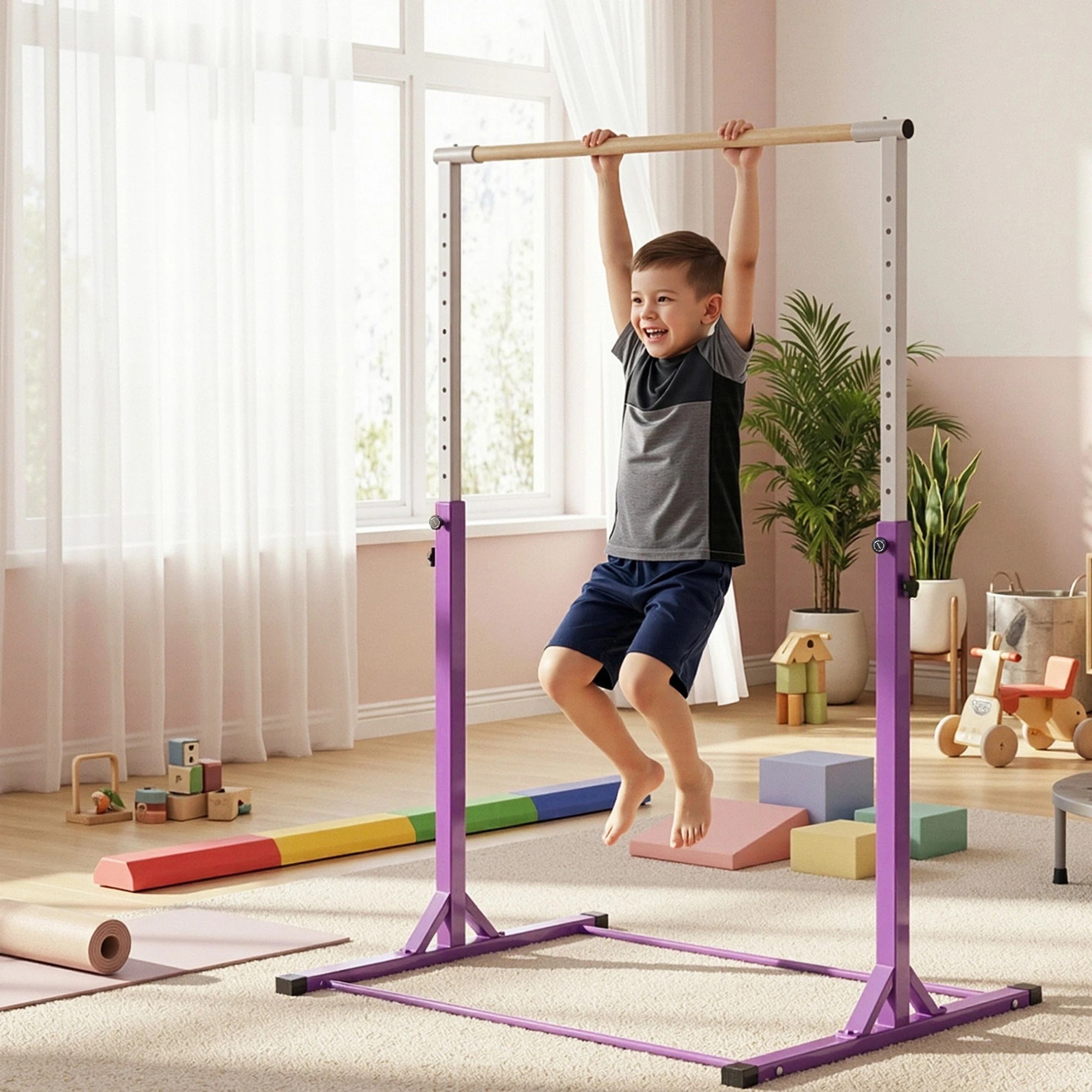 4 Everfit Kids Gymnastics Bar Pull Up Station Monkey Bar Adjustable Indoor Garden - Purple, 4 of 8
