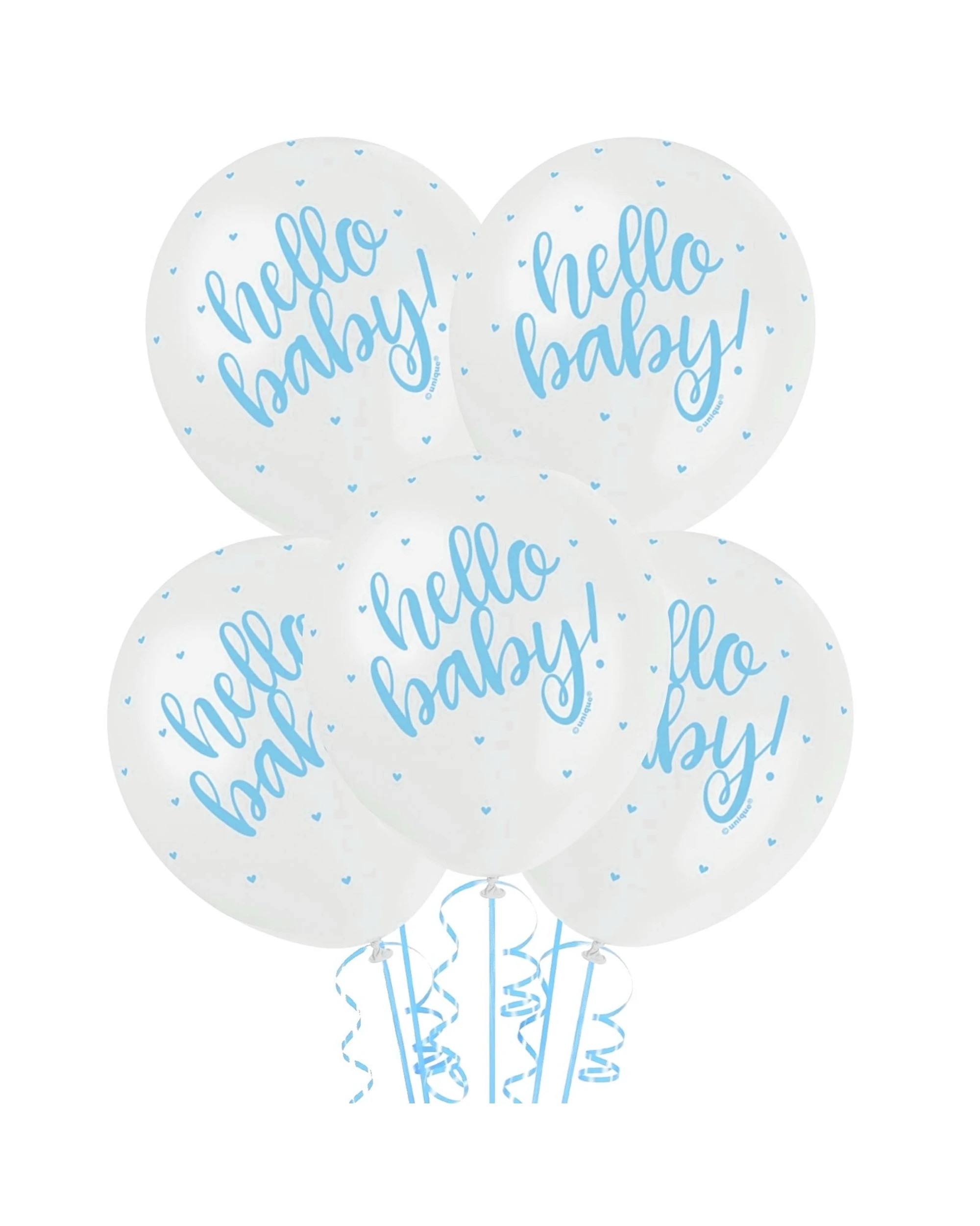 1 Unique Hello Baby White & Blue Balloons Pack of 5, 1 of 1