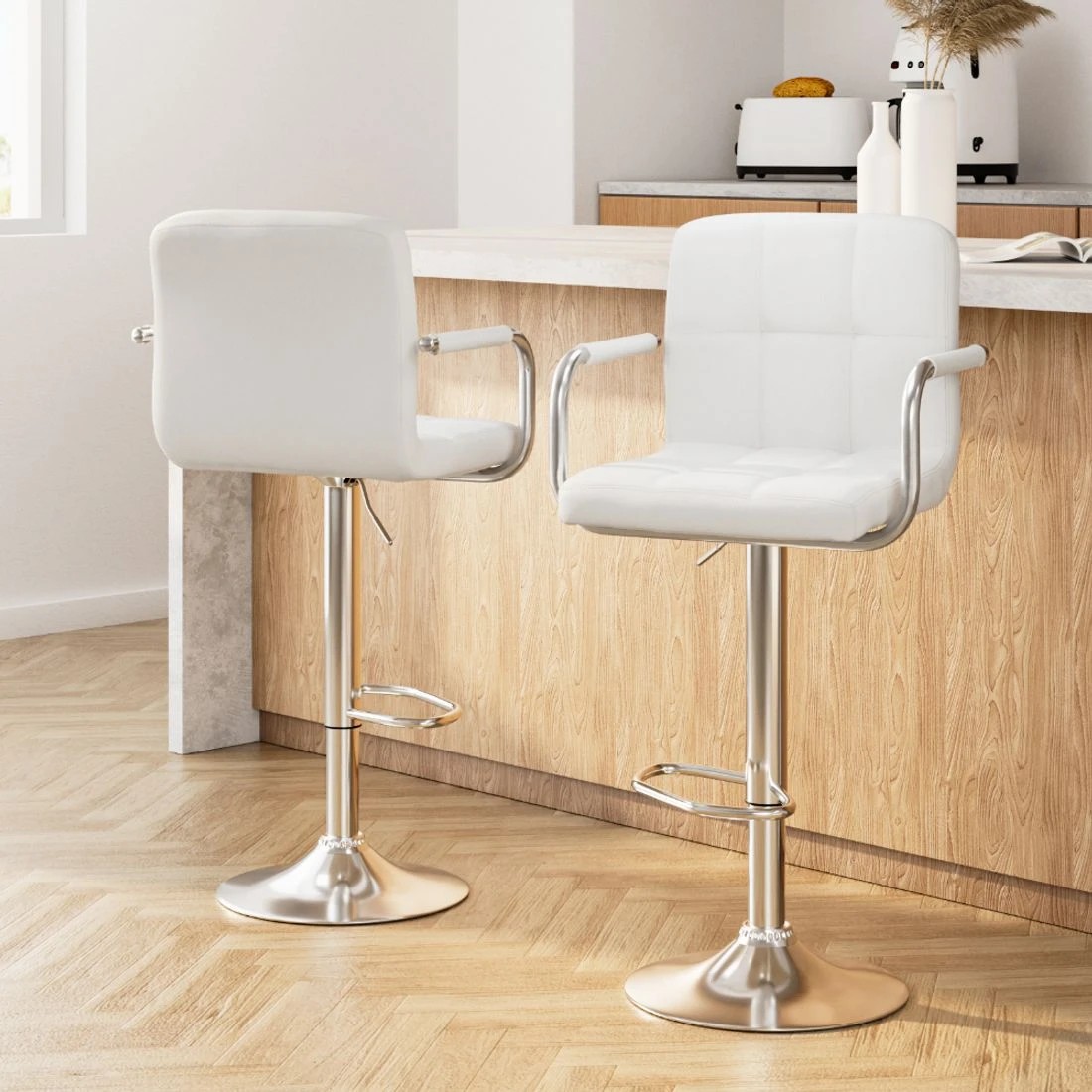 3 Artiss 2x Bar Stools Leather Gas Lift w/Armrest - White, 3 of 8