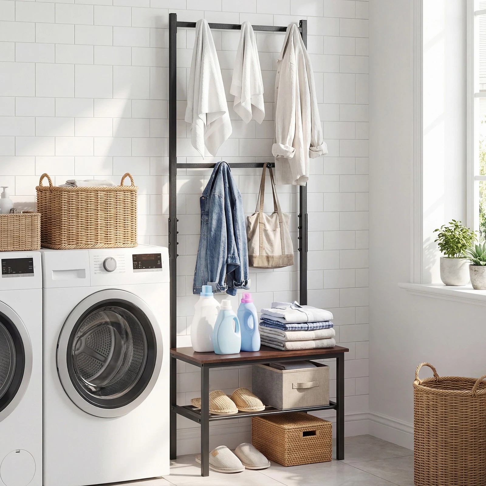 4 Costway 3-in-1 Clothes Rack Stand Shoes Bench Rack w/Hooks & Storage Shelf, 4 of 5