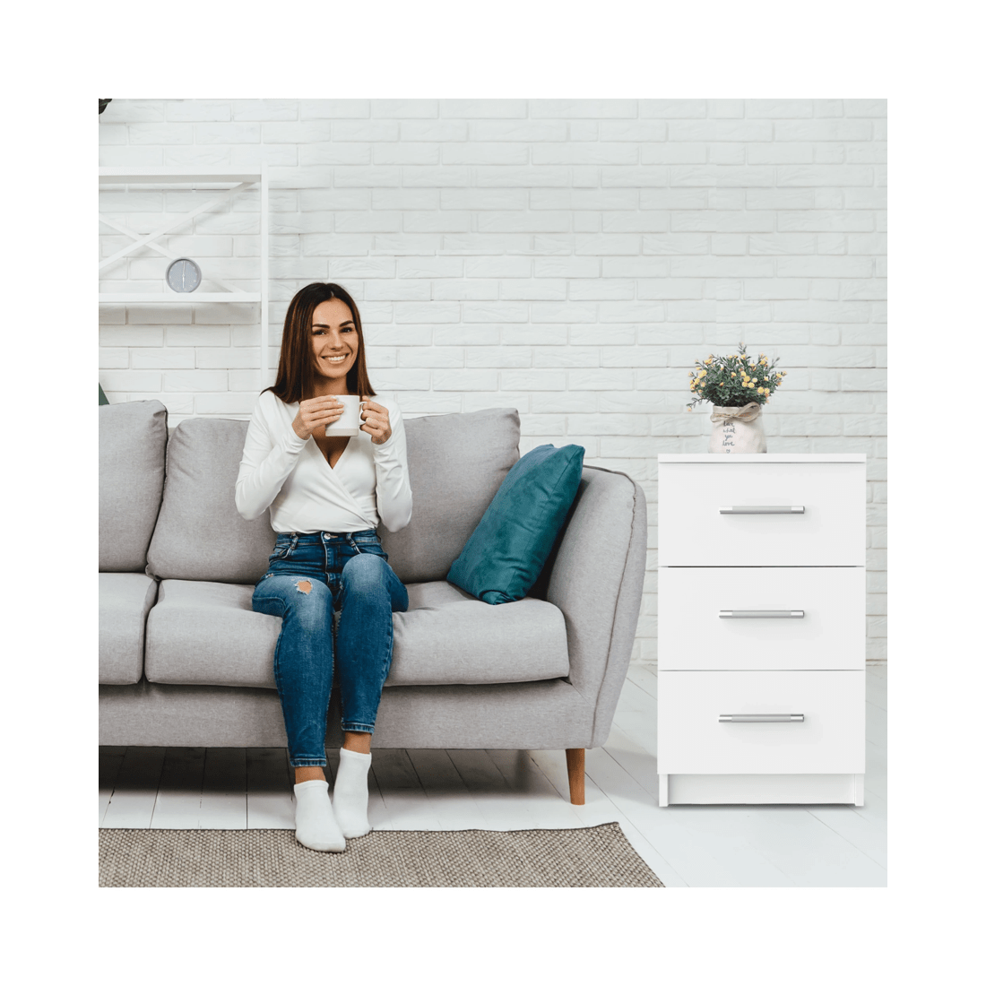 7 Advwin Bedside Table 3 Drawers 66cm Height Nightstand Storage Cabinet
 - White, 7 of 8