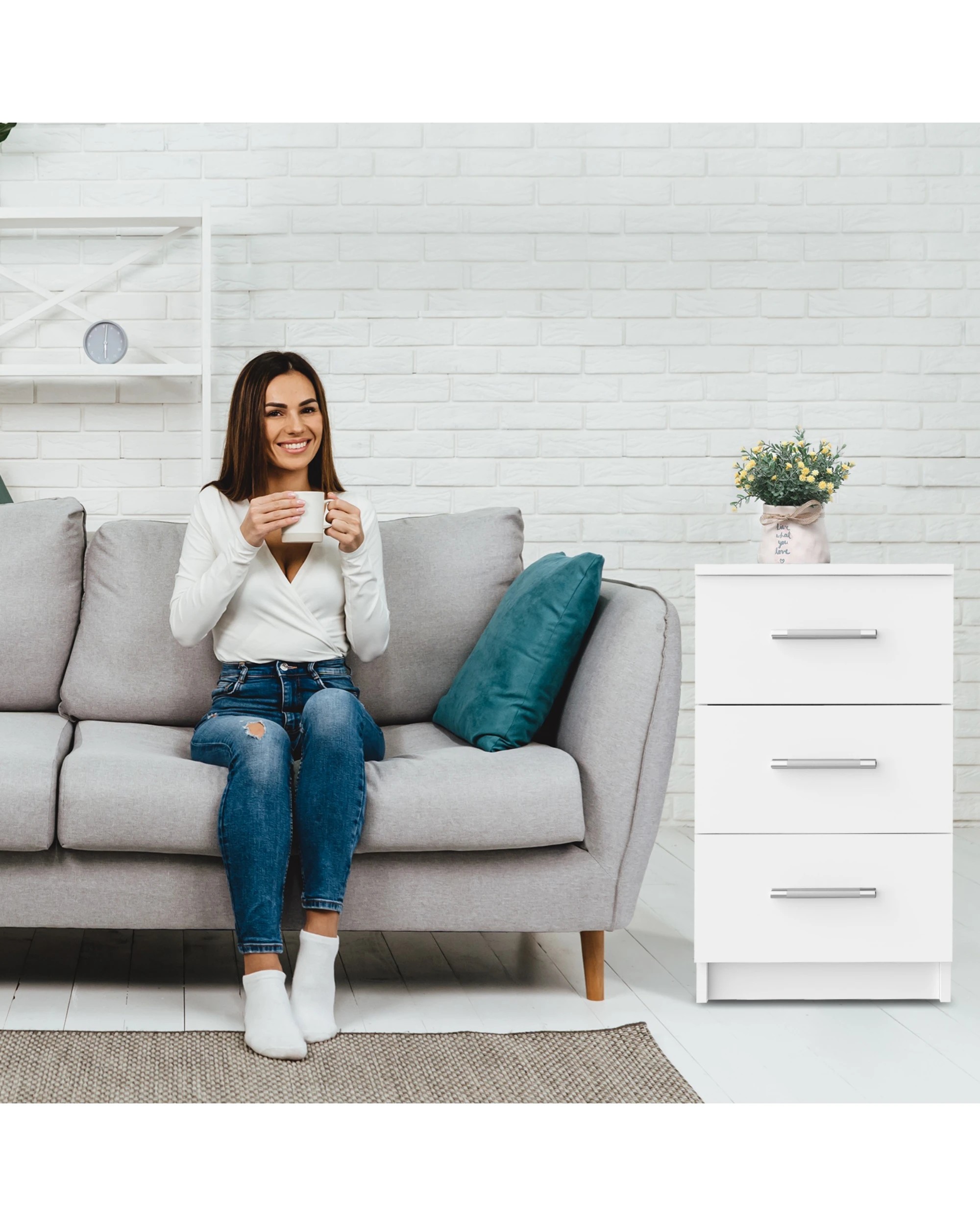 7 Advwin Bedside Table 3 Drawers 66cm Height Nightstand Storage Cabinet
 - White, 7 of 8