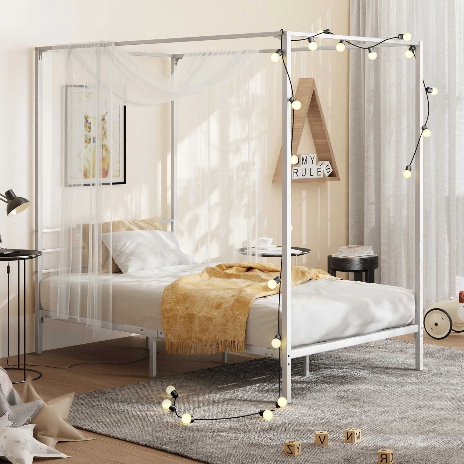2 Oikiture Metal Canopy Bed Frame Single Size Beds Platform
 - White, 2 of 9