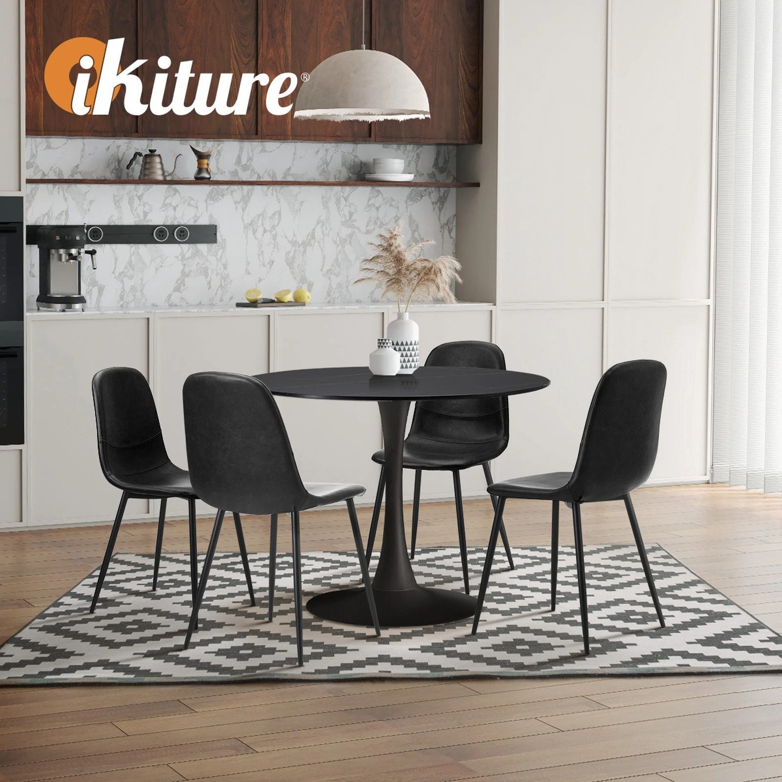 6 Oikiture 90cm Round Dining Table With 4x Dining Chairs Pu Leather
 - Black, 6 of 10