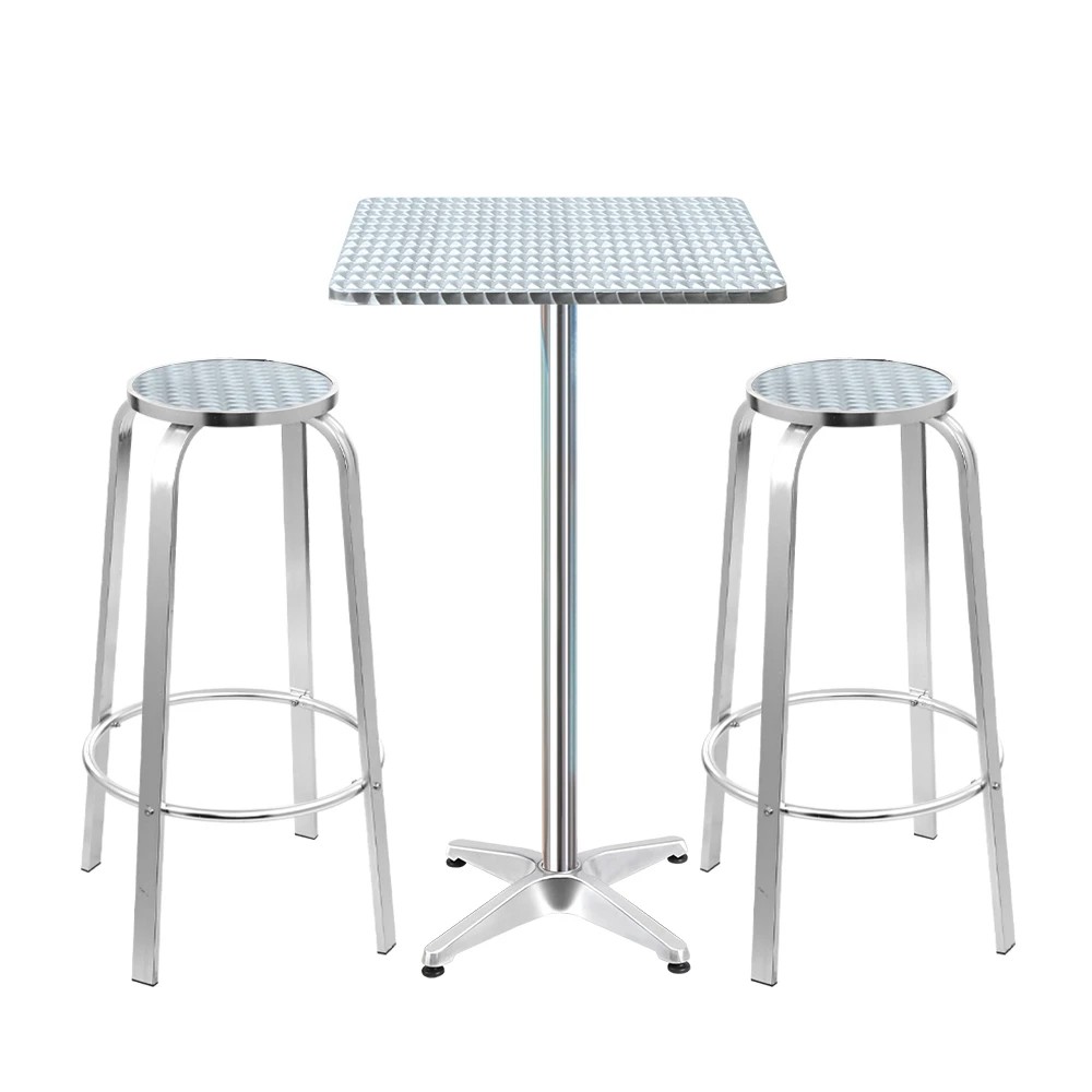 1 Gardeon 3-Piece Outdoor Bar Set Bistro Table Stools Adjustable Square Cafe - Silver, 1 of 7