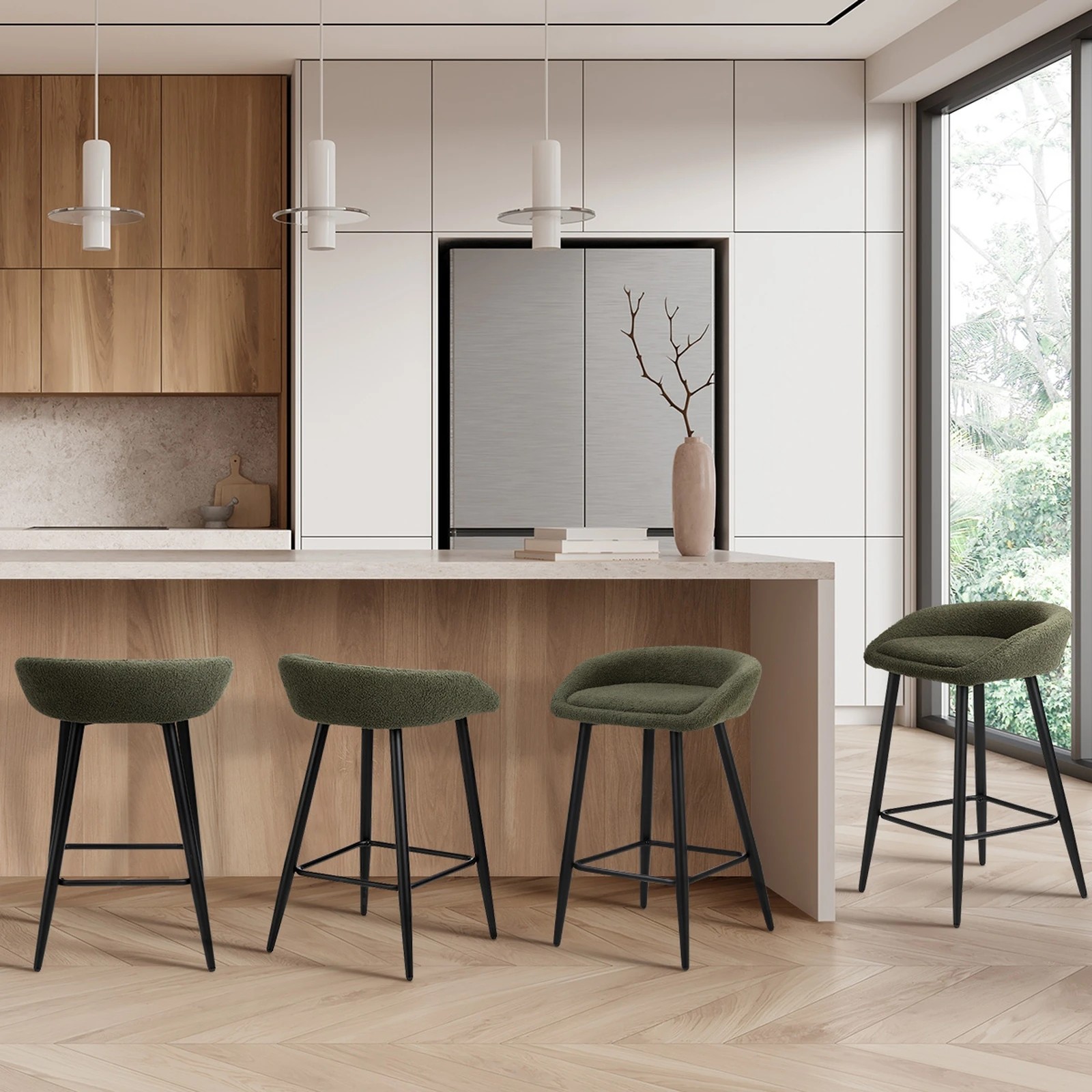 3 Oikiture Bar Stools Set Of 4 Kitchen Dining Chairs Counter Stools Boucle
 - Green, 3 of 10