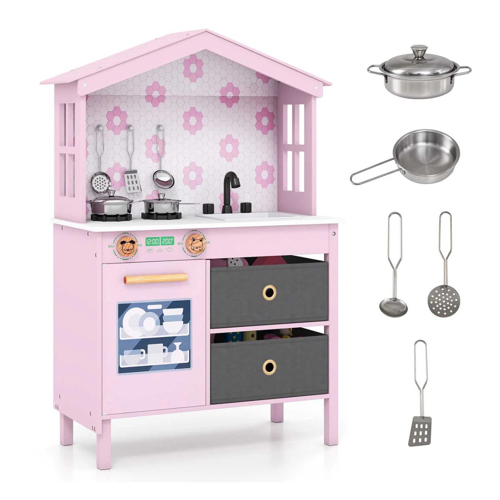 1 Costway Kitchen Playset Chef Pretend Play Kitchen Toy w/Sink - Pink, 1 of 1