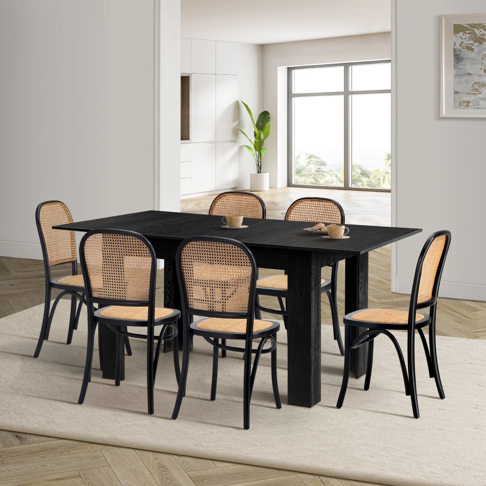 3 Oikiture 160cm Extendable Dining Table with 6PCS Dining Chairs Rattan - Black, 3 of 9