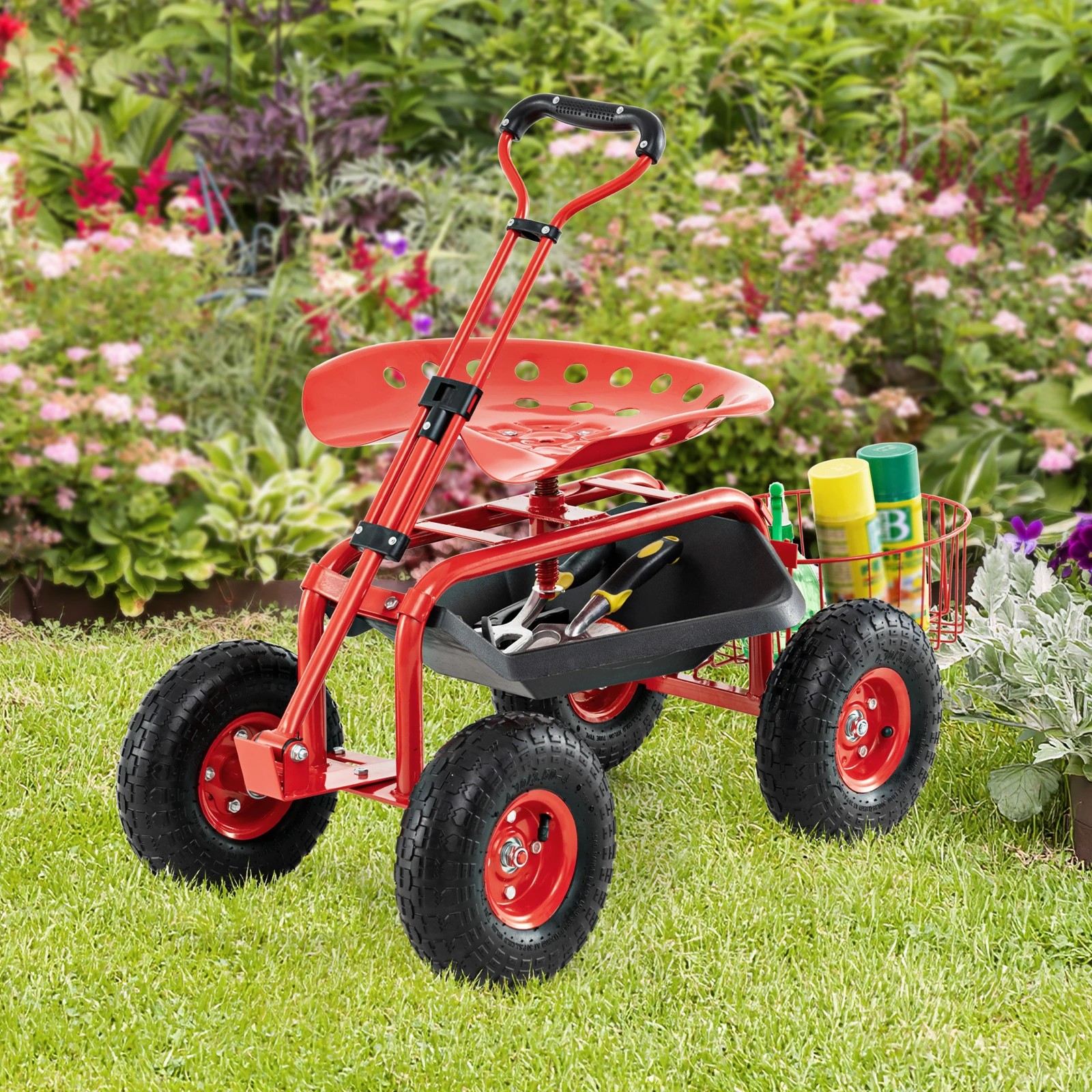 2 Costway Steerable Garden Cart w/Extendable Handle Adjustable Seat & Rubber Wheels Stool Seat - Red, 2 of 3