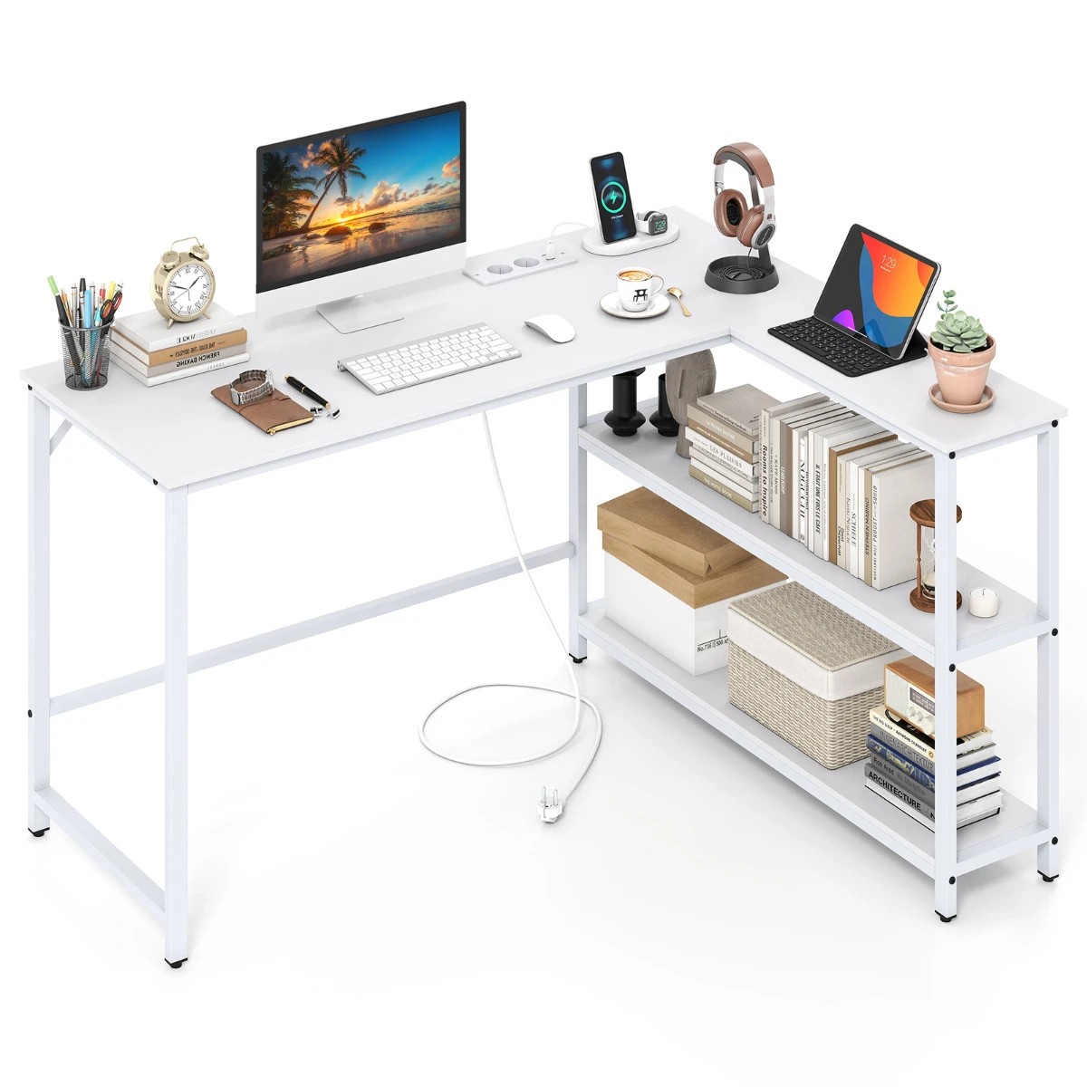 5 Costway L-Shaped Computer Desk w/Charging Station Corner Study Writing Table, 5 of 6