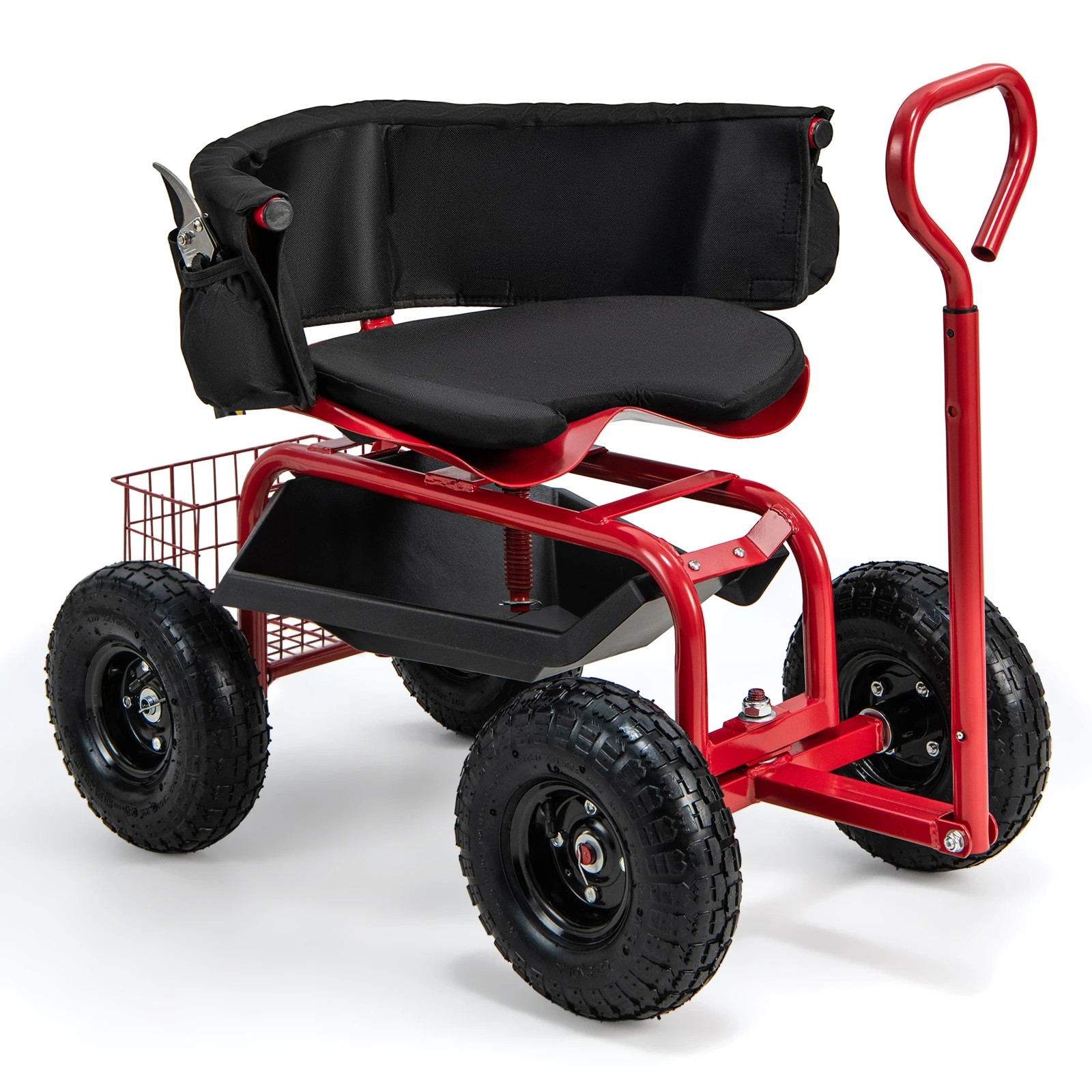1 Costway Swivel Seat Garden Cart Rolling Scooter w/Extendable Handle & Tool Storage - Red, 1 of 1