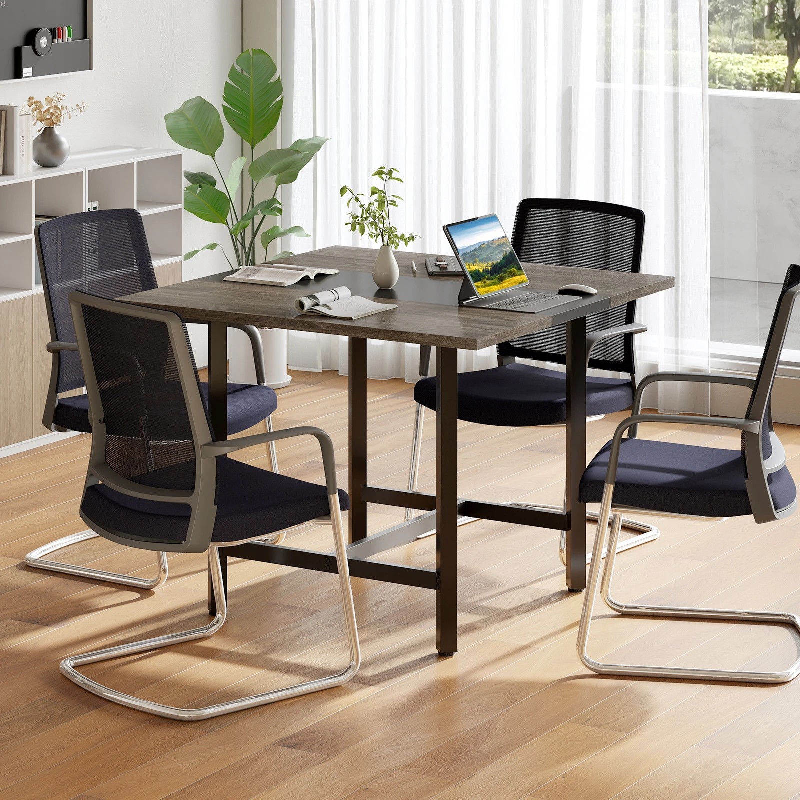 3 Costway 100cm Square Conference Table Meeting Room Seminar Table - Grey, 3 of 7