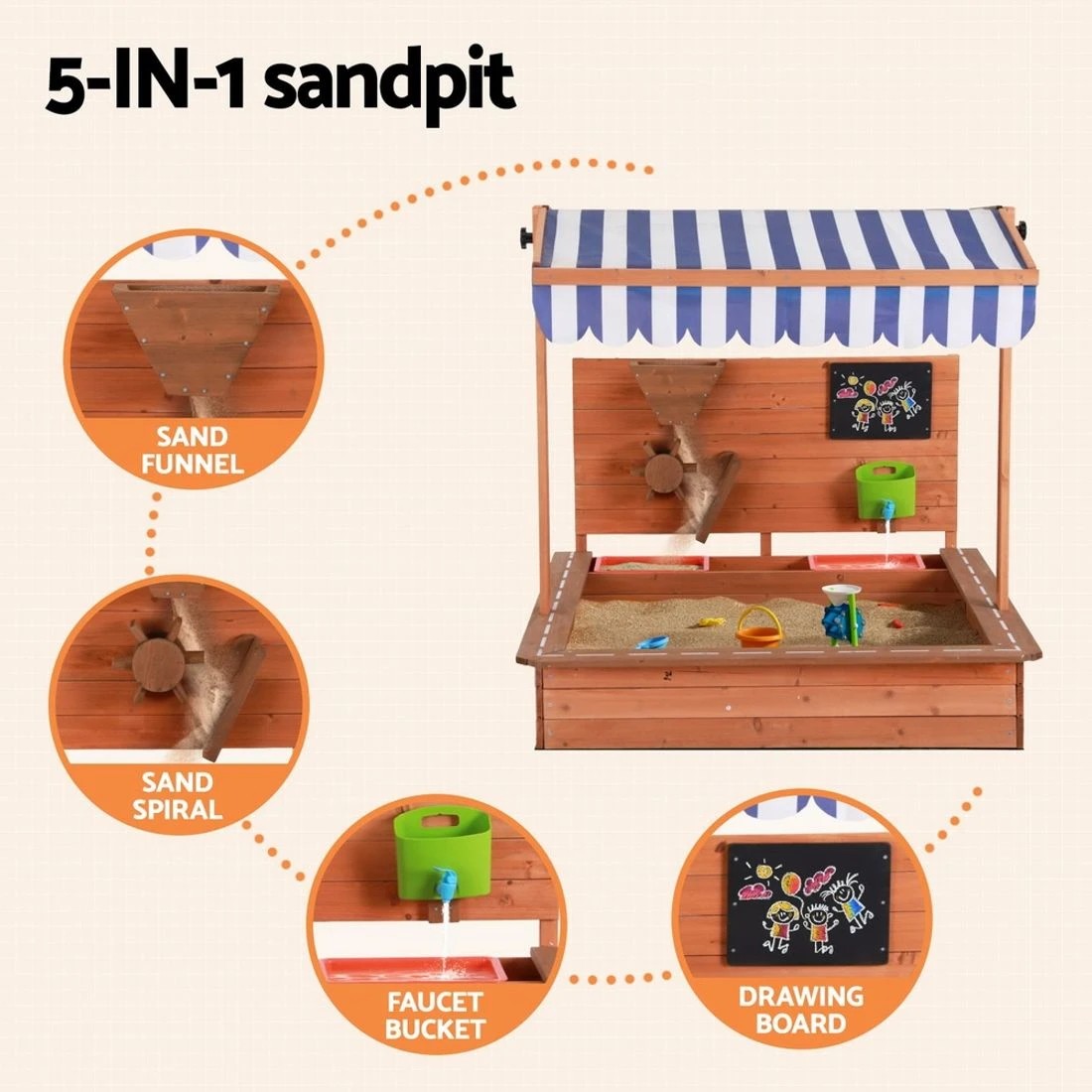 5 Keezi Kids Sandpit Wooden Canopy Sandbox With Cover Funnel Outdoor Toys 110cm Durable Space Saving Modern Decor - Brown, 5 of 5