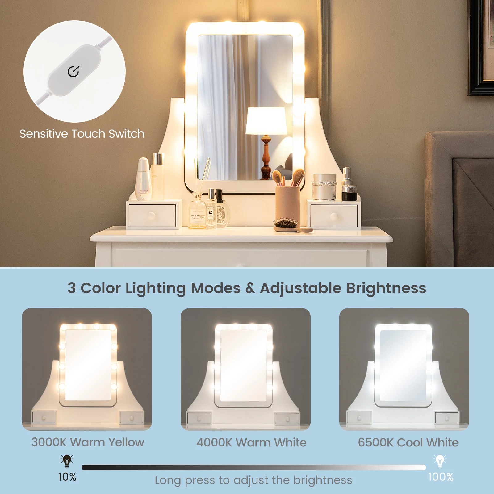 6 Costway Dressing Table Stool Set w/LEDs Rotatable Mirror, 6 of 10