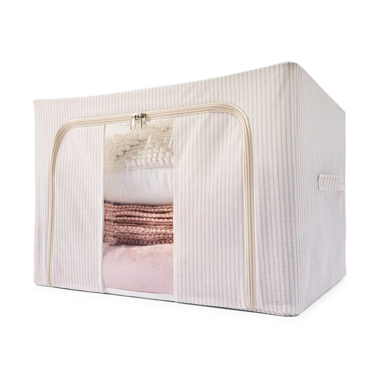 1 Linen Look Collapsible Box with Window - Large, Stripe, 1 of 10