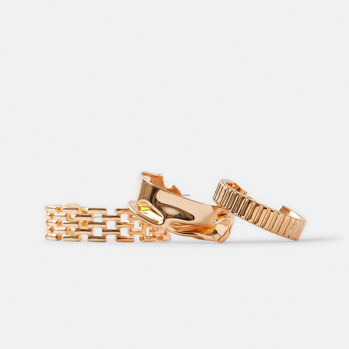 2 3 Pack Molten Ribbed and Chain Hoop Earrings - Gold Tone Gold, 2 of 5