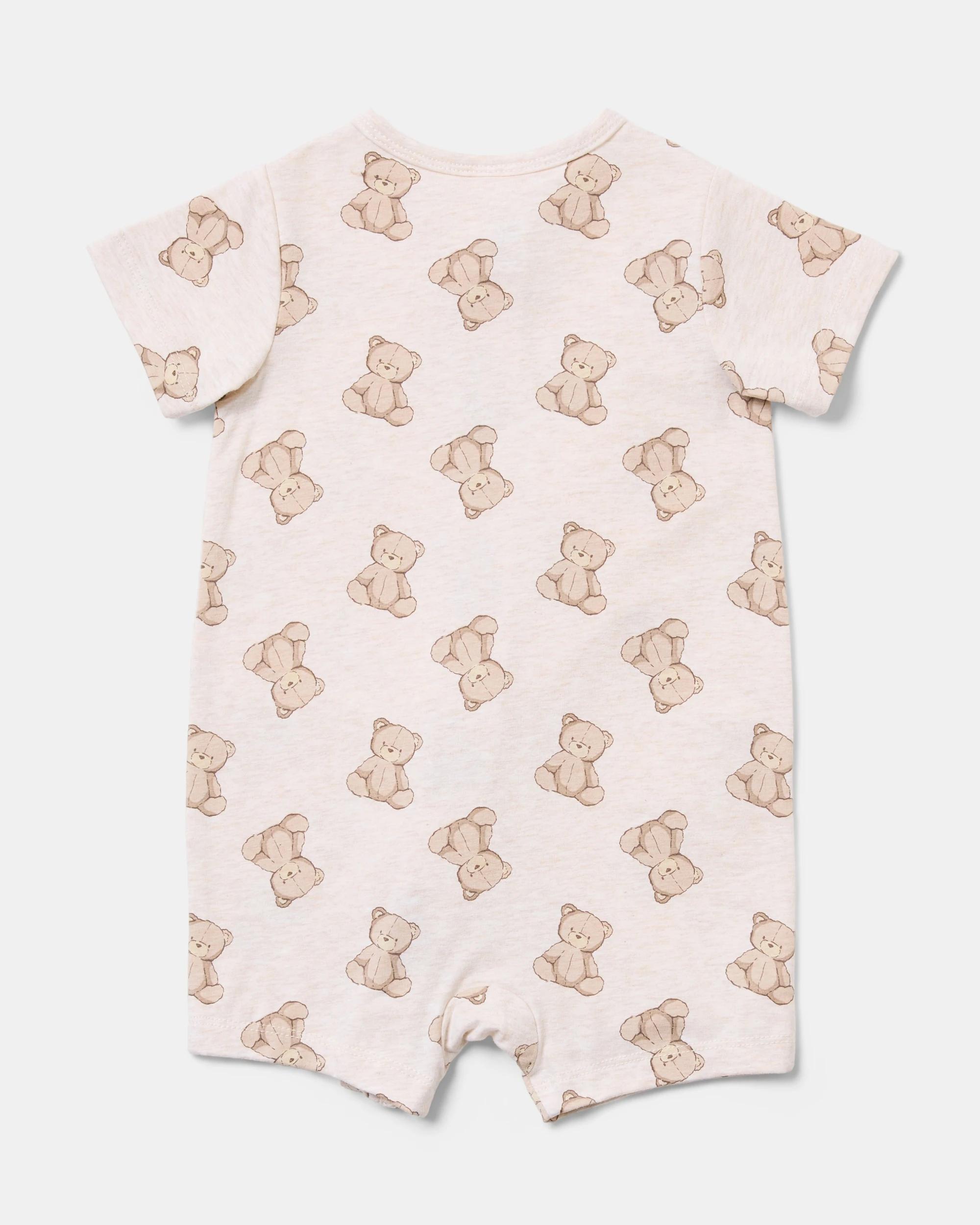 2 Cotton Short Sleeve Zip Romper Beig Teddy, 2 of 3
