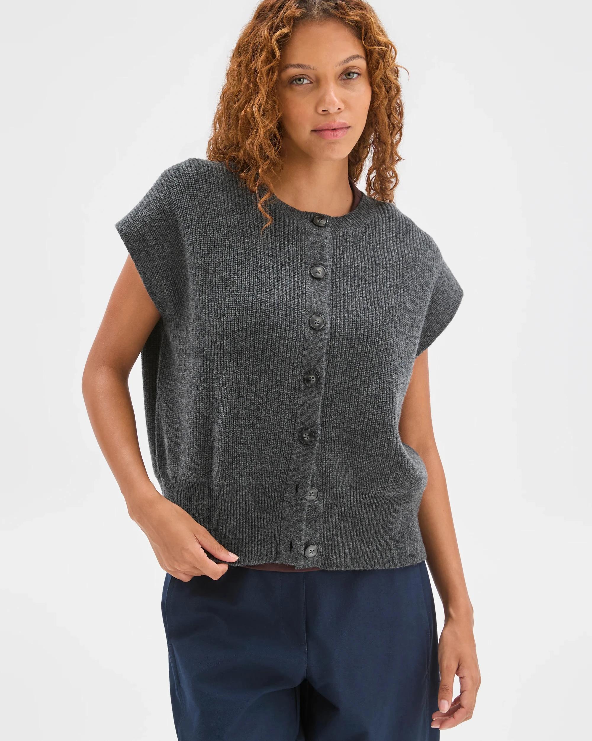 1 Target Woman Australian Lambswool Button Through Vest DARK GREY MARLE, 1 of 6