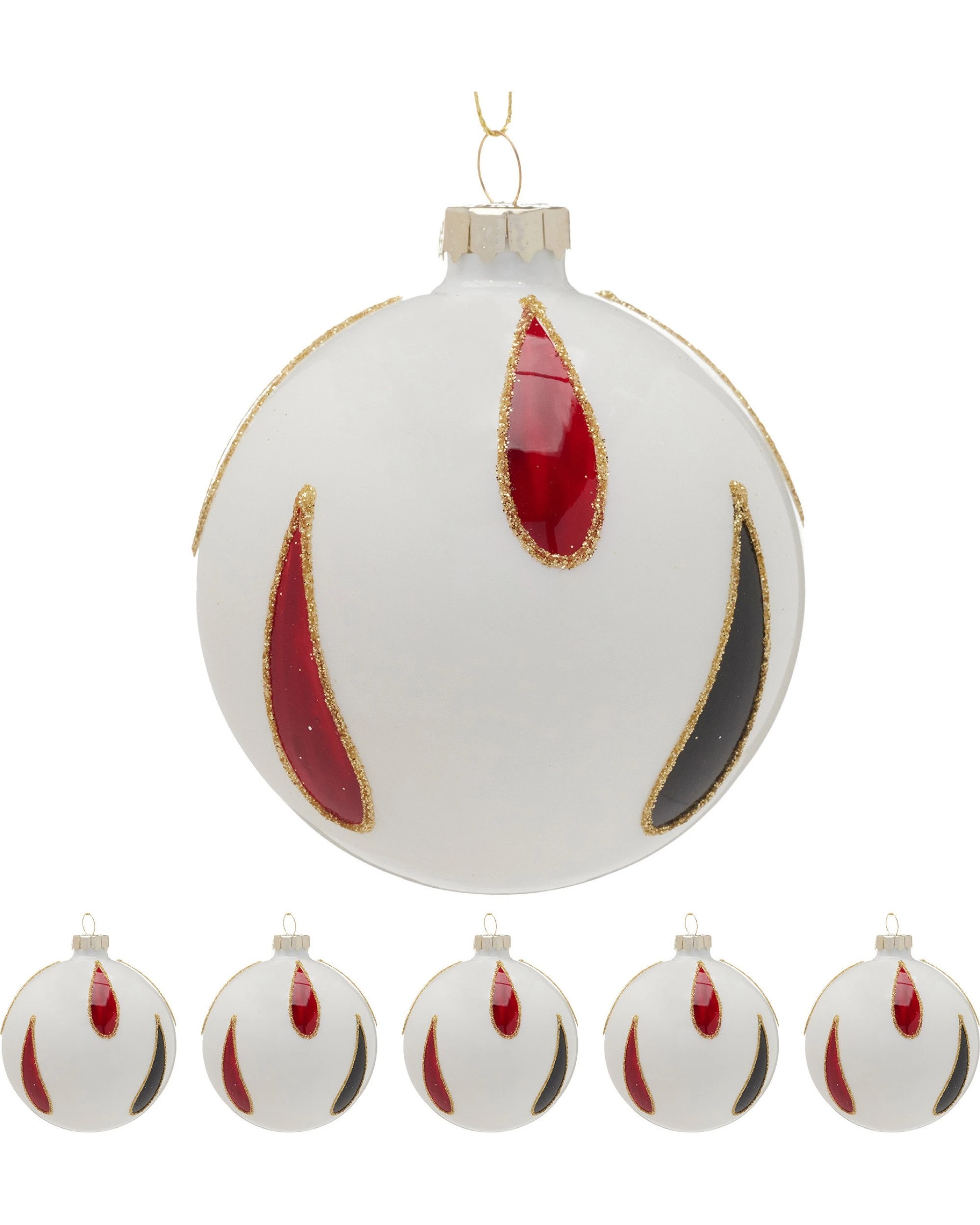 1 Christabelle White Glass Baubles 6-Pack 8cm with Red and Black Teardrop Design - White, 1 of 6