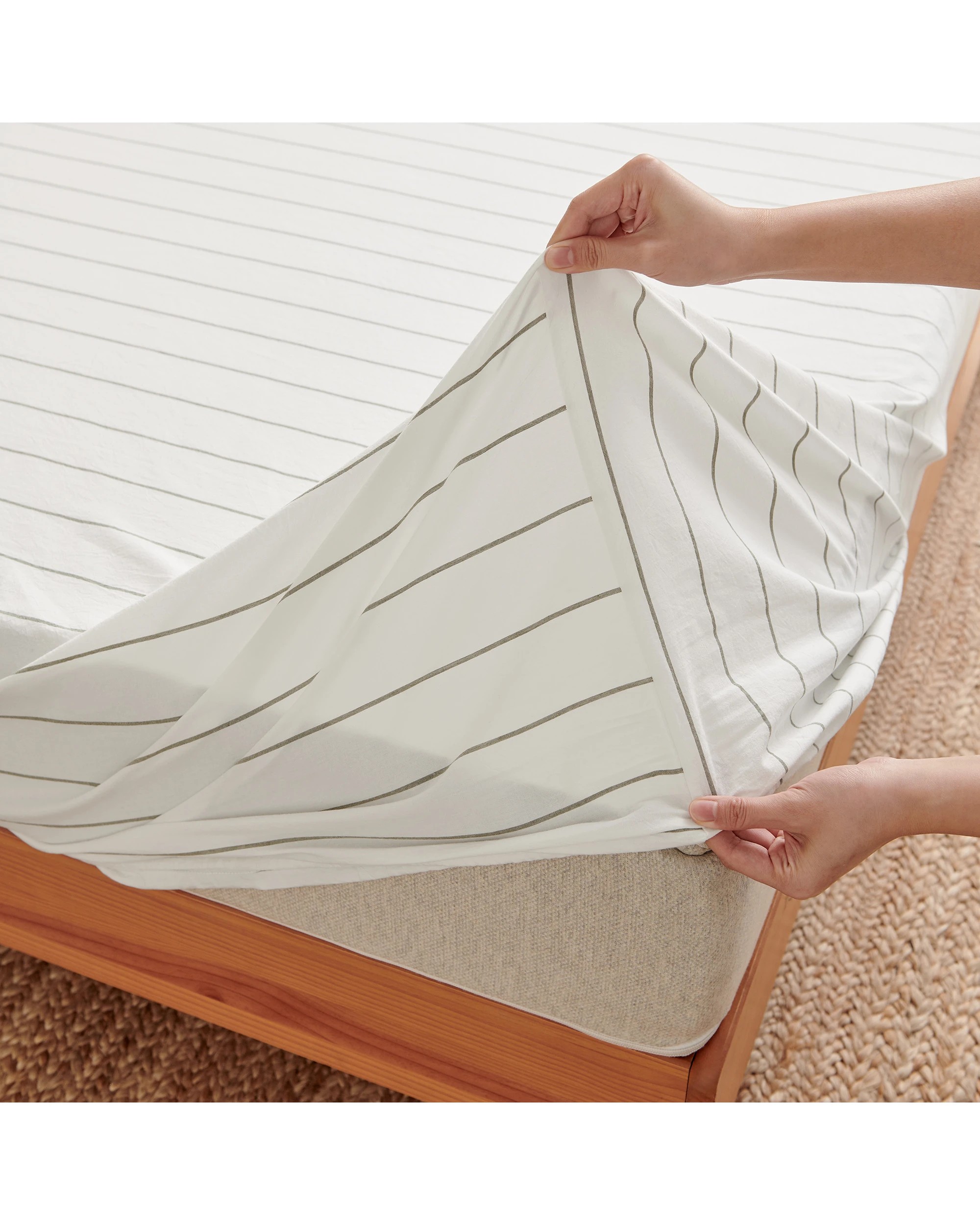 3 Dreamaker Rumi Stripe Washed Cotton Fitted Sheet Set - Double Bed - White with Olive, 3 of 6