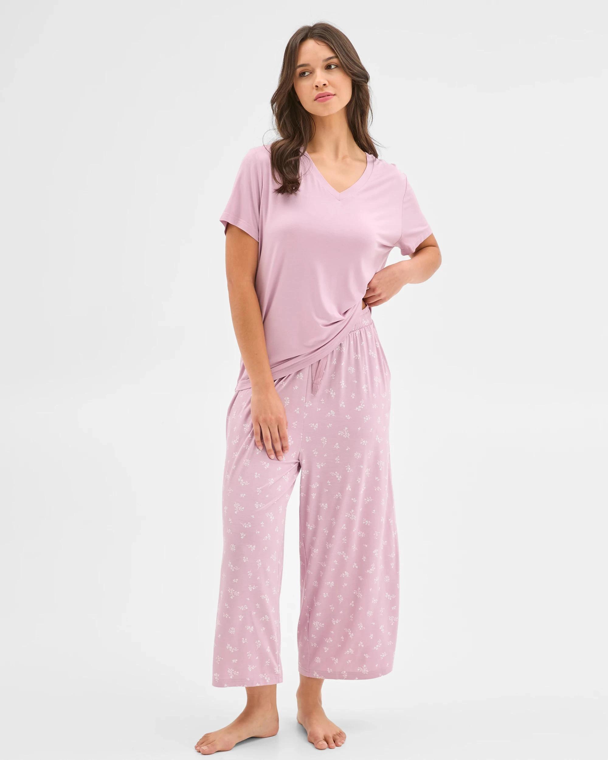 1 Target Woman Soft Comfort Bamboo V-Neck Sleep T-Shirt LACE PINK, 1 of 6