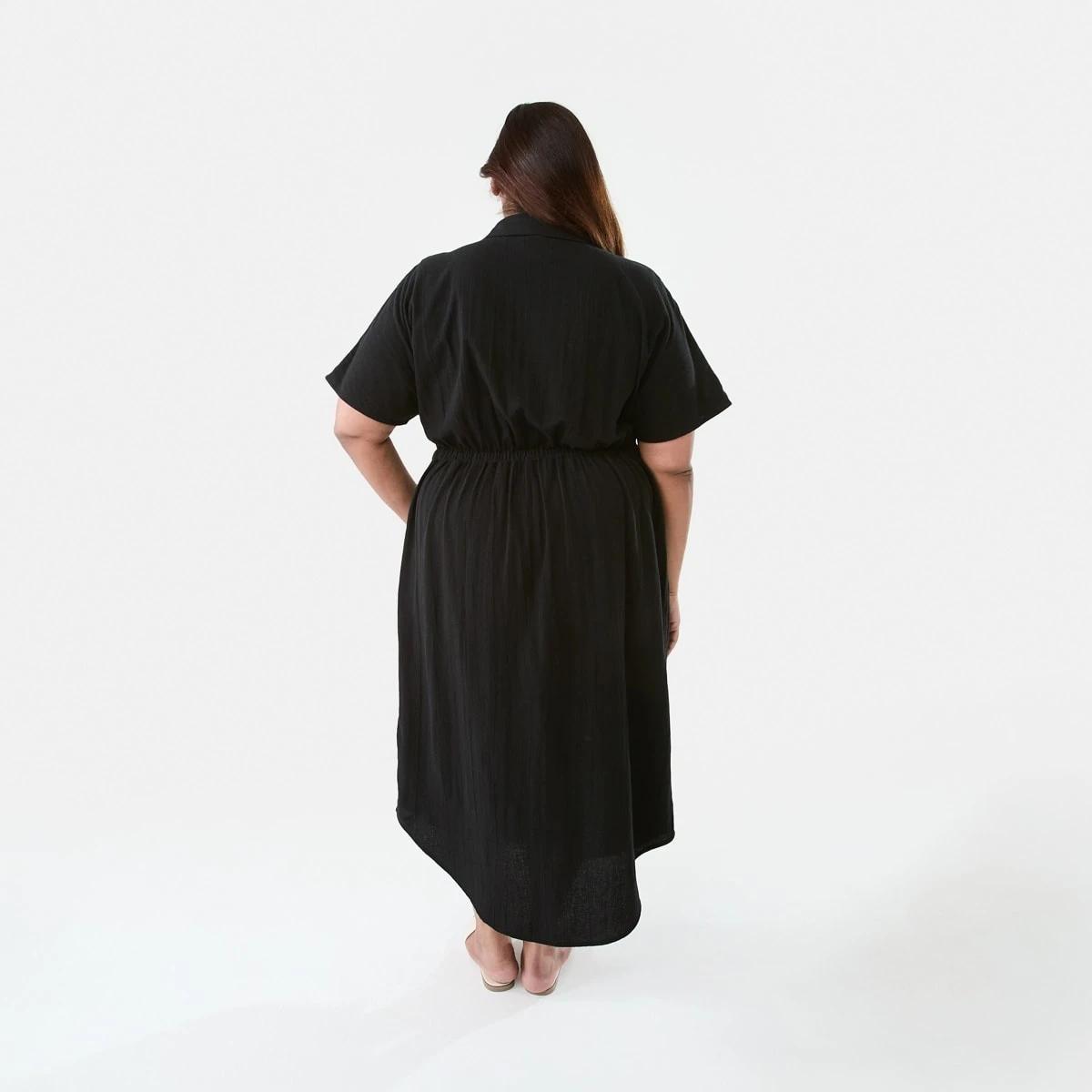 2 Curve Short Sleeve Tie Front Shirt Midi Dress Black, 2 of 7